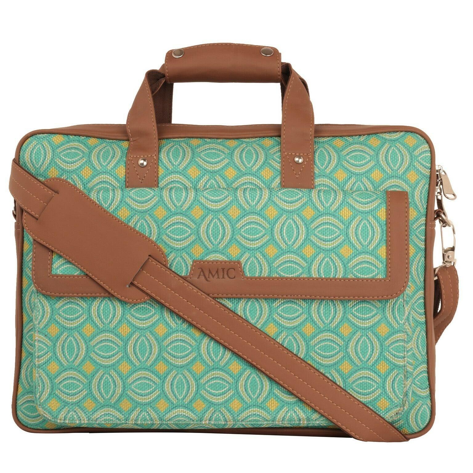 Amic Vegan Leather Laptop Bag – Stylish Green Geometric Pattern - Amic