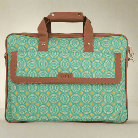 Amic Vegan Leather Laptop Bag – Stylish Green Geometric Pattern - Amic