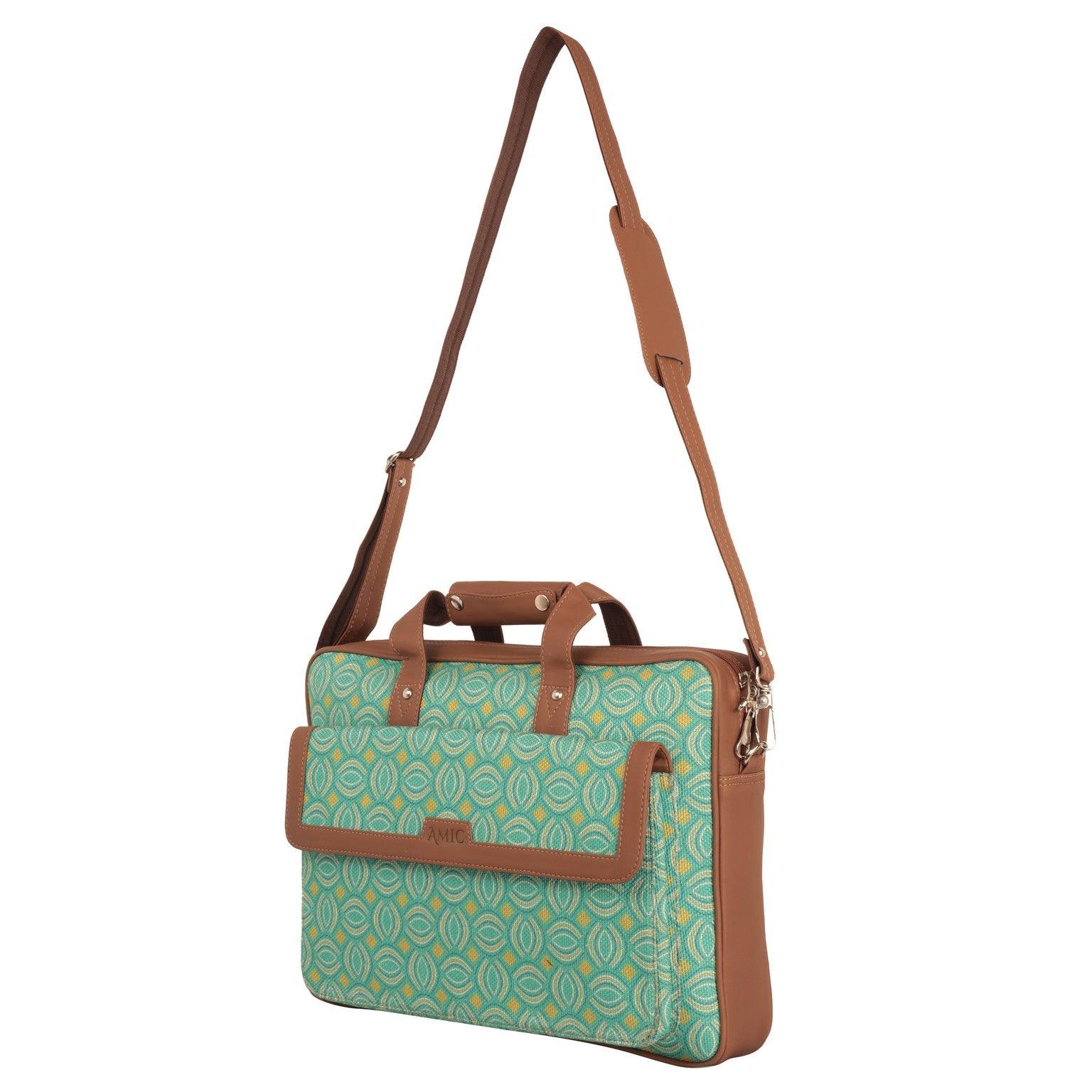 Amic Vegan Leather Laptop Bag – Stylish Green Geometric Pattern - Amic