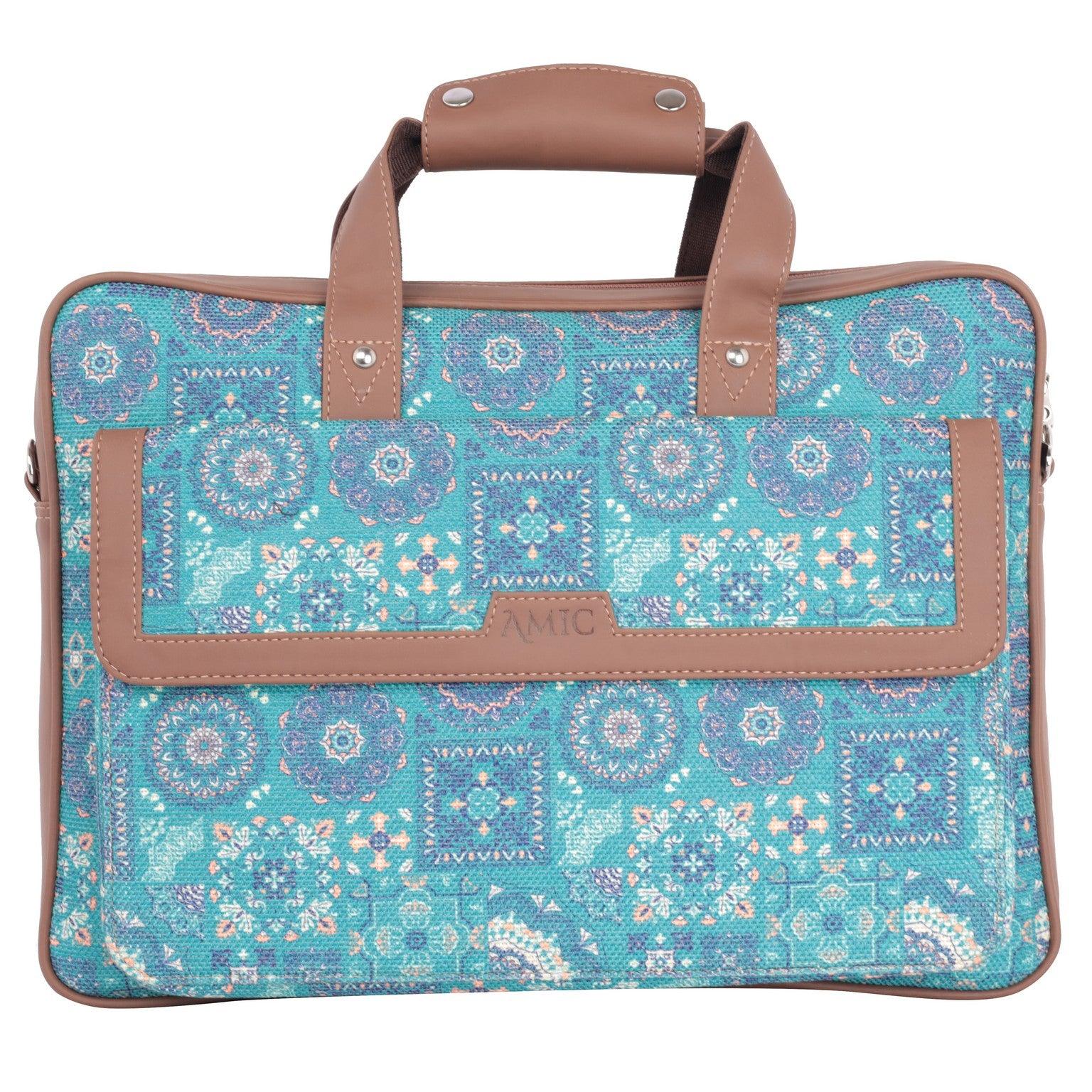 Vibrant Blue Laptop Bag with Intricate Patterns and Vegan Leather | AMIC - Amic