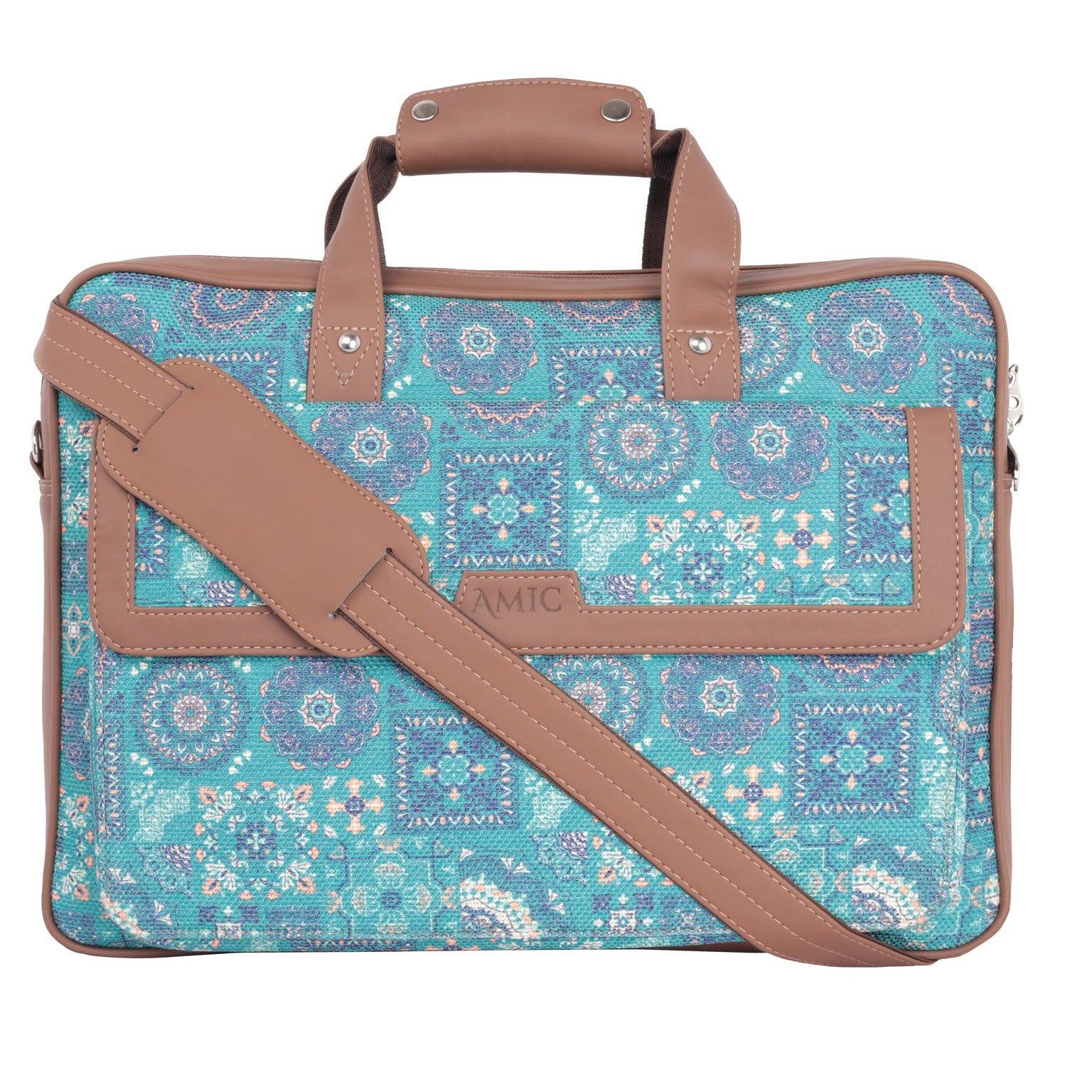 Vibrant Blue Laptop Bag with Intricate Patterns and Vegan Leather | AMIC - Amic