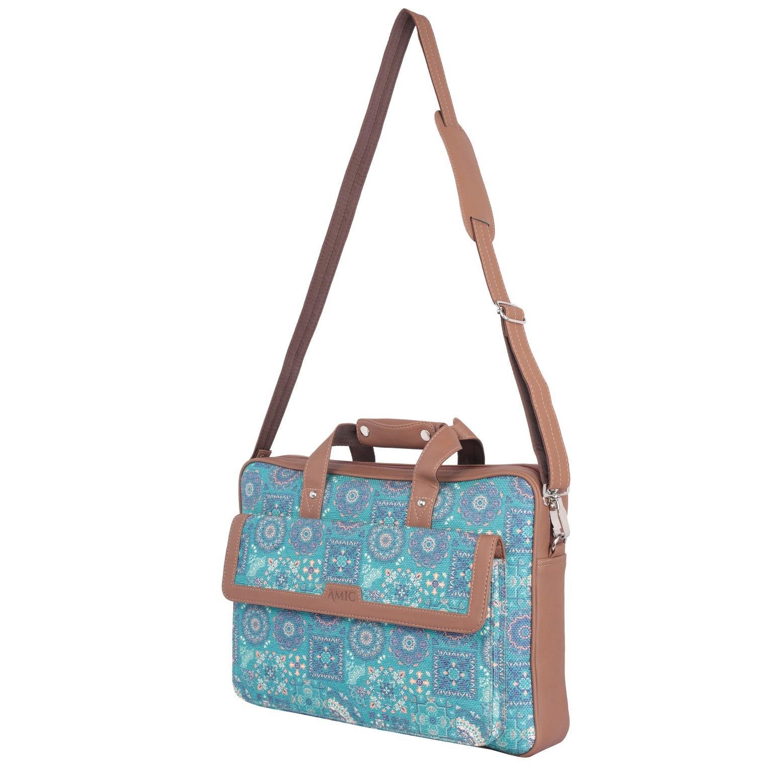 Vibrant Blue Laptop Bag with Intricate Patterns and Vegan Leather | AMIC - Amic