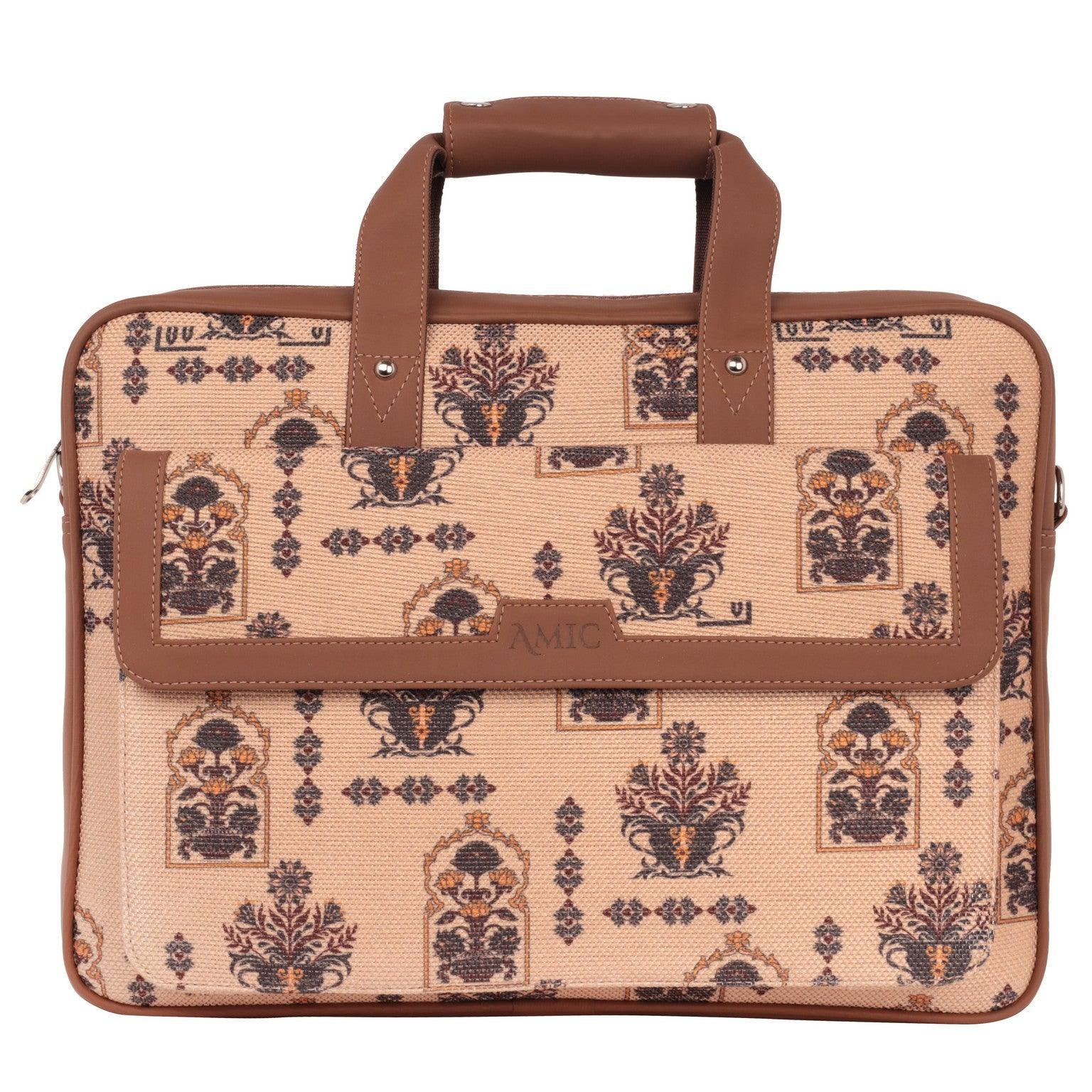 Amic Vegan Leather Laptop Bag – Regal Beige with Ornate Print - Amic
