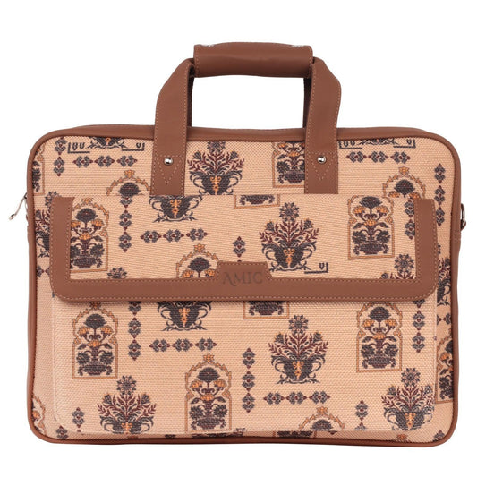 Amic Vegan Leather Laptop Bag – Regal Beige with Ornate Print - Amic