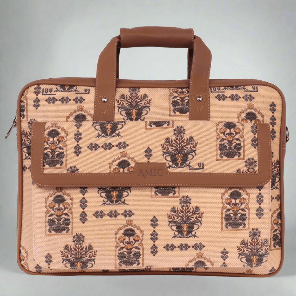 Amic Vegan Leather Laptop Bag – Regal Beige with Ornate Print - Amic