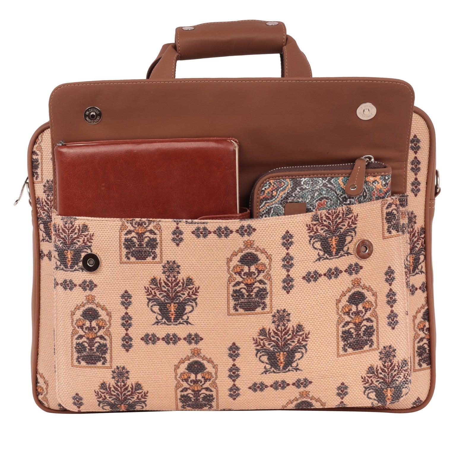 Amic Vegan Leather Laptop Bag – Regal Beige with Ornate Print - Amic