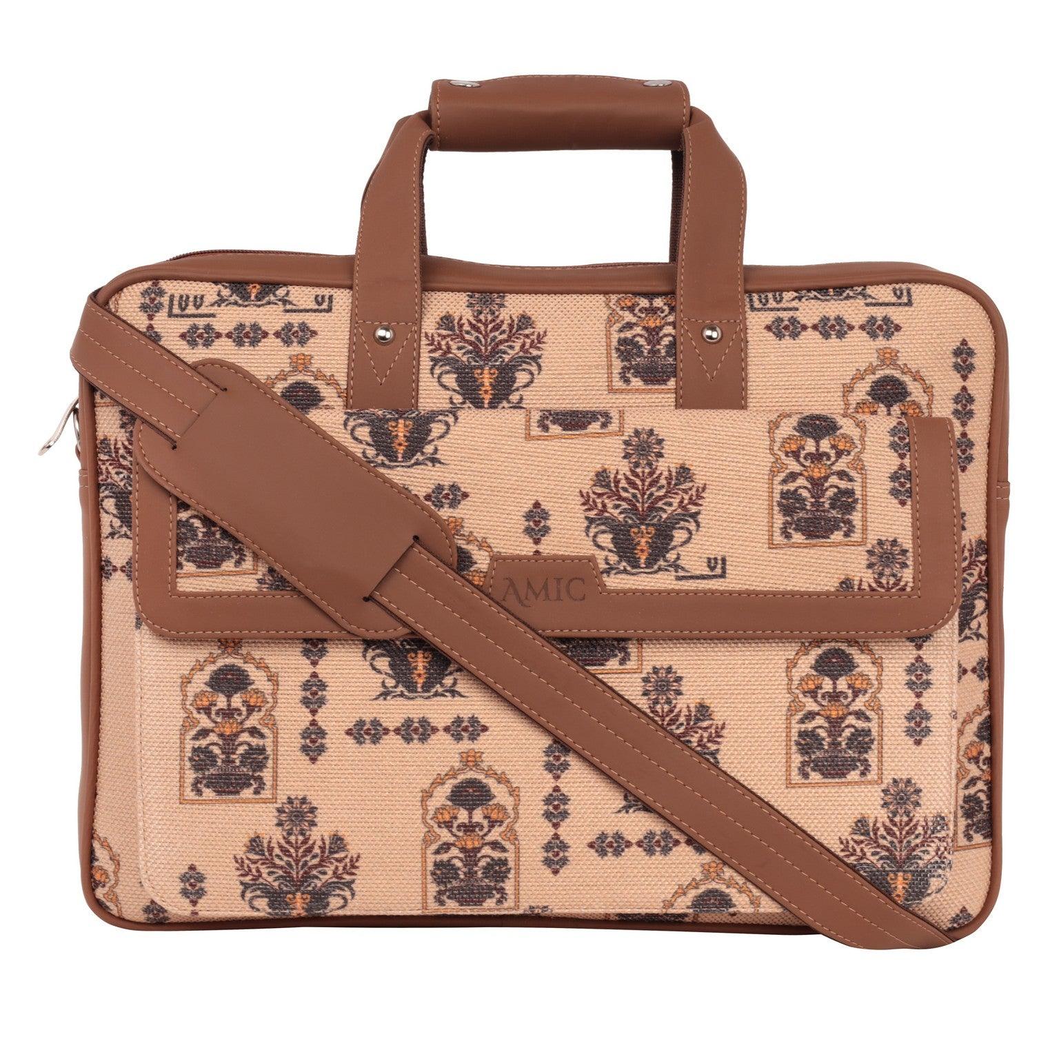 Amic Vegan Leather Laptop Bag – Regal Beige with Ornate Print - Amic