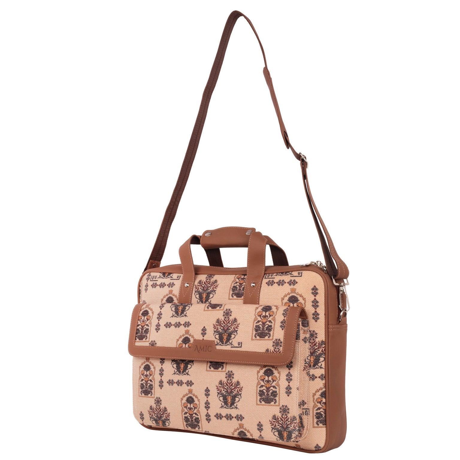 Amic Vegan Leather Laptop Bag – Regal Beige with Ornate Print - Amic