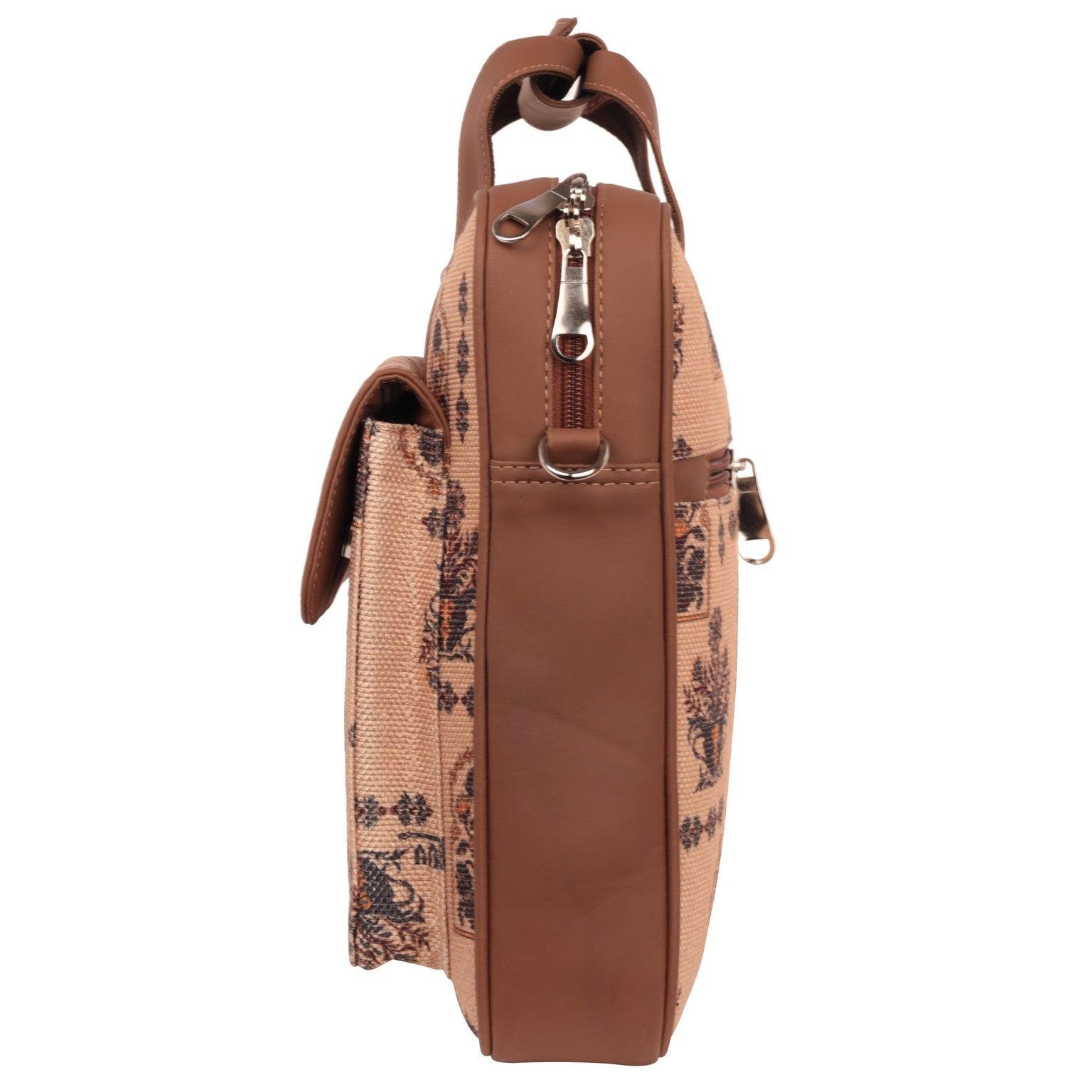 Amic Vegan Leather Laptop Bag – Regal Beige with Ornate Print - Amic