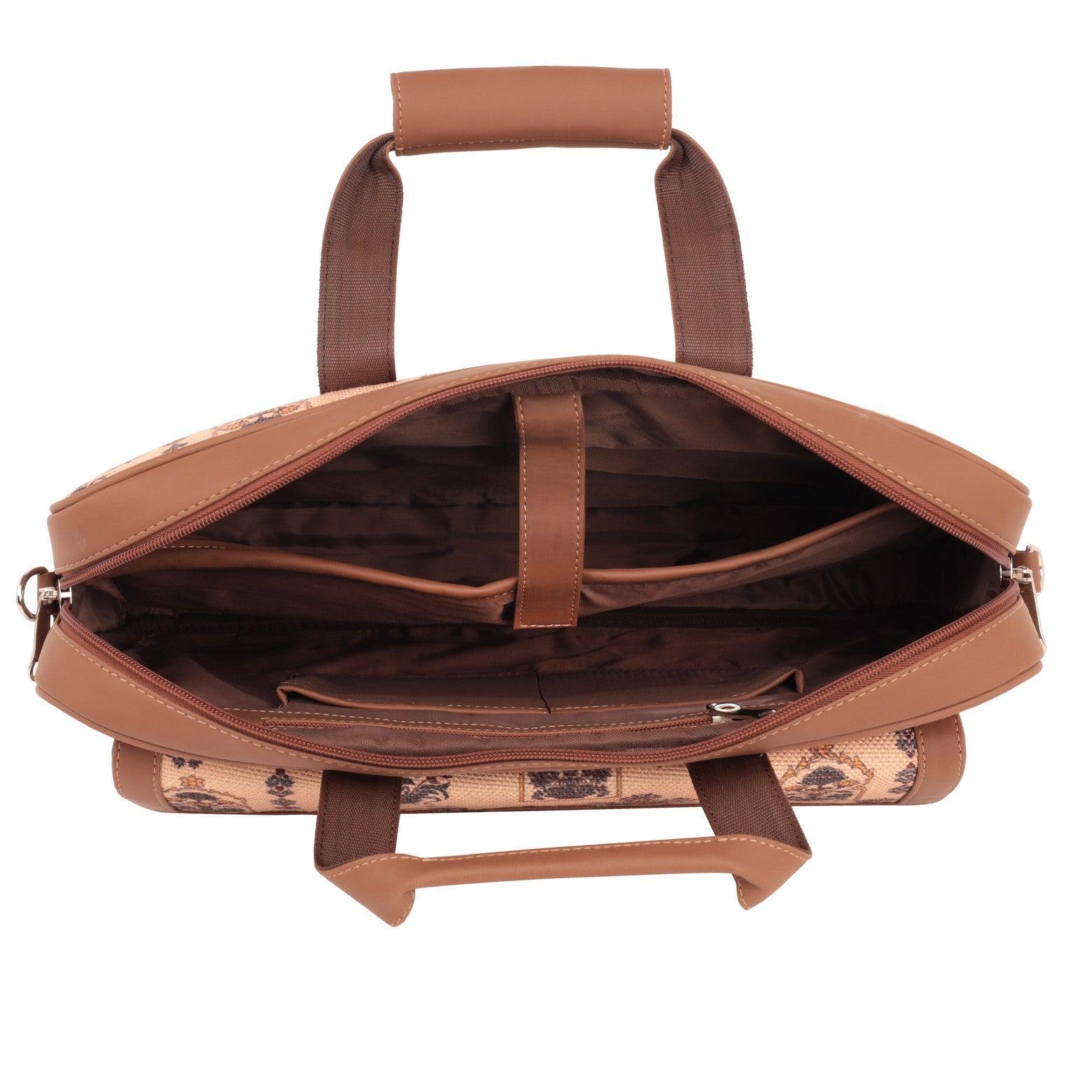 Amic Vegan Leather Laptop Bag – Regal Beige with Ornate Print - Amic