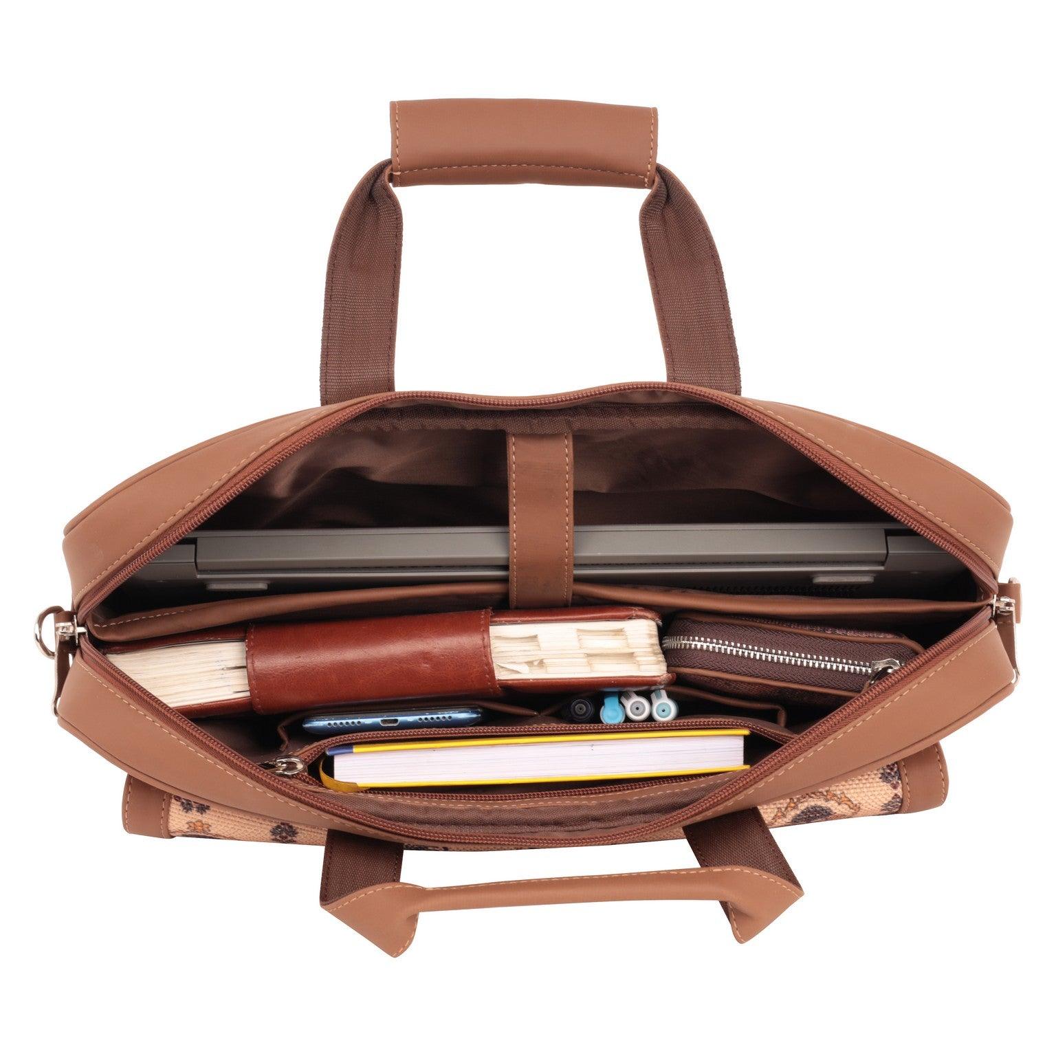 Amic Vegan Leather Laptop Bag – Regal Beige with Ornate Print - Amic