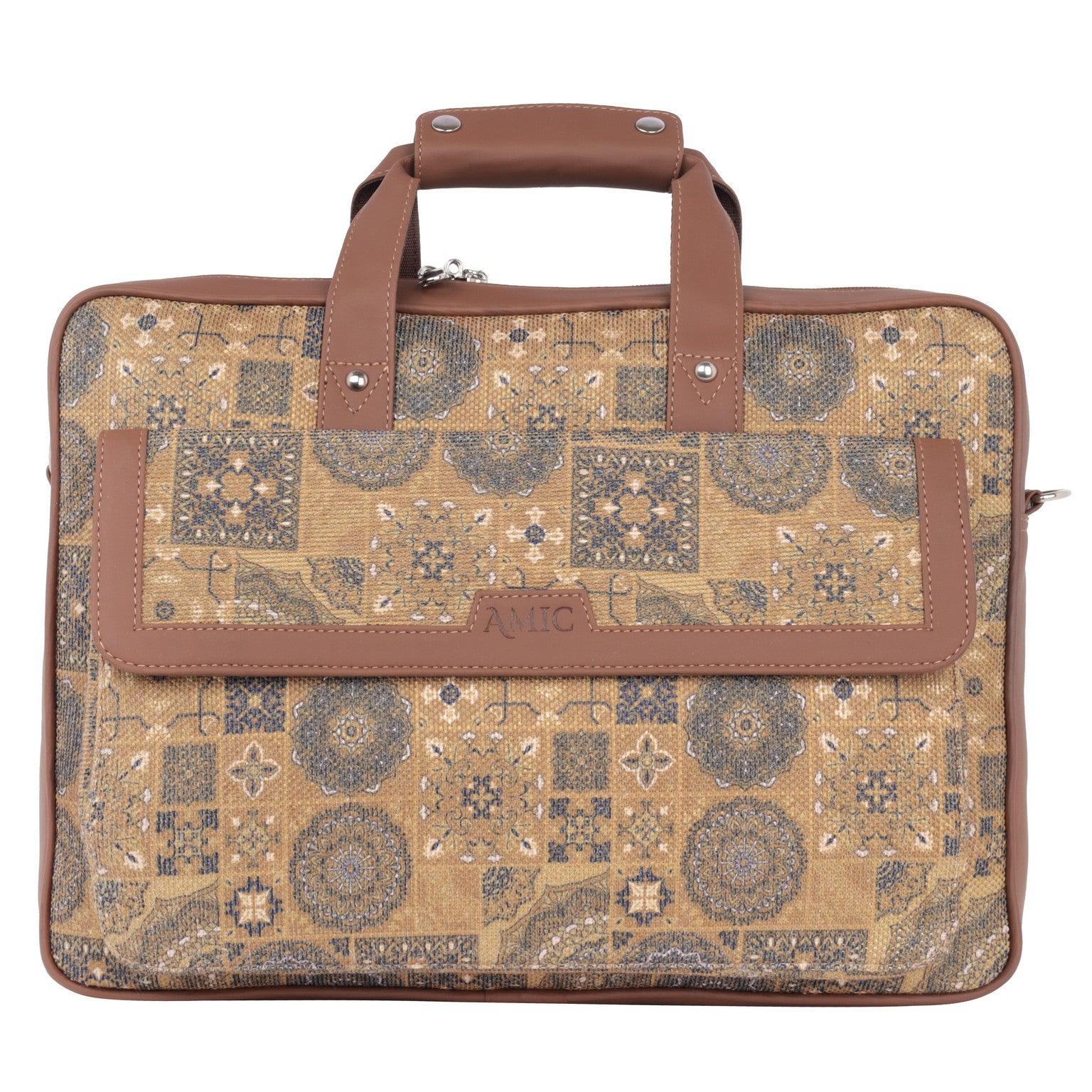 Intricately Designed Golden Laptop Bag with Vegan Leather Accents | AMIC - Amic