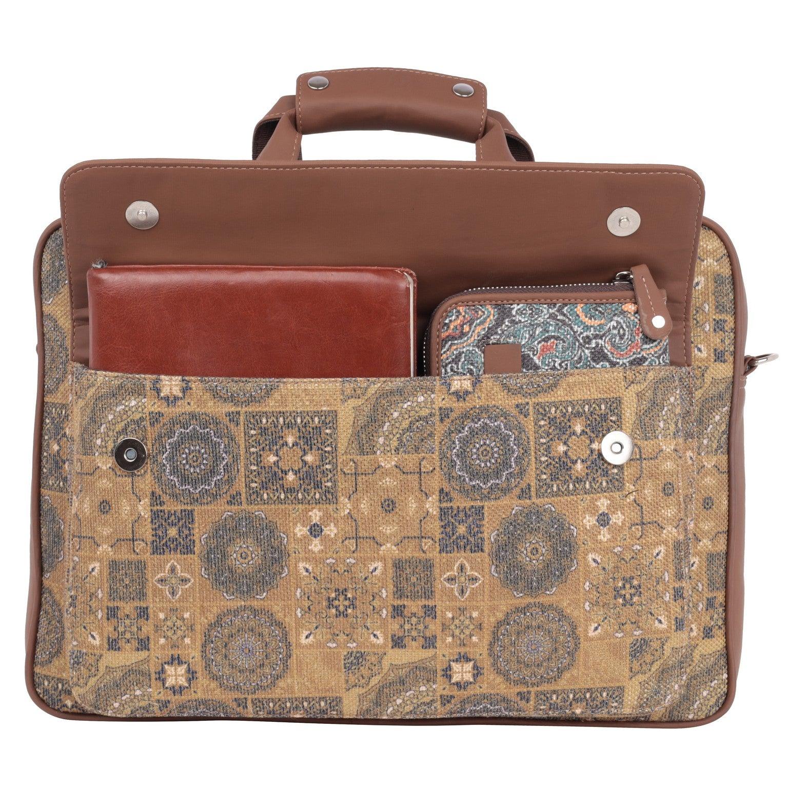 Intricately Designed Golden Laptop Bag with Vegan Leather Accents | AMIC - Amic