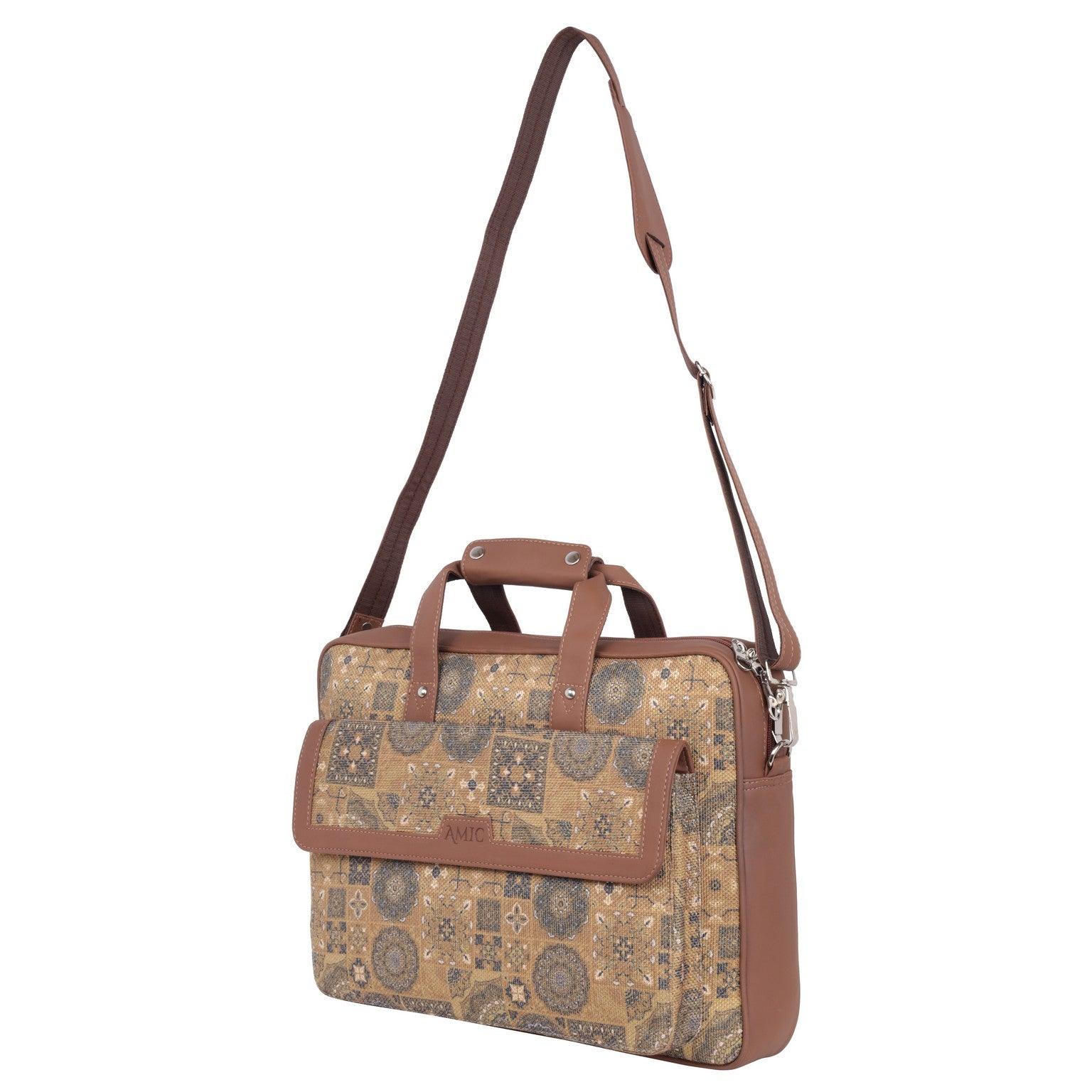 Intricately Designed Golden Laptop Bag with Vegan Leather Accents | AMIC - Amic