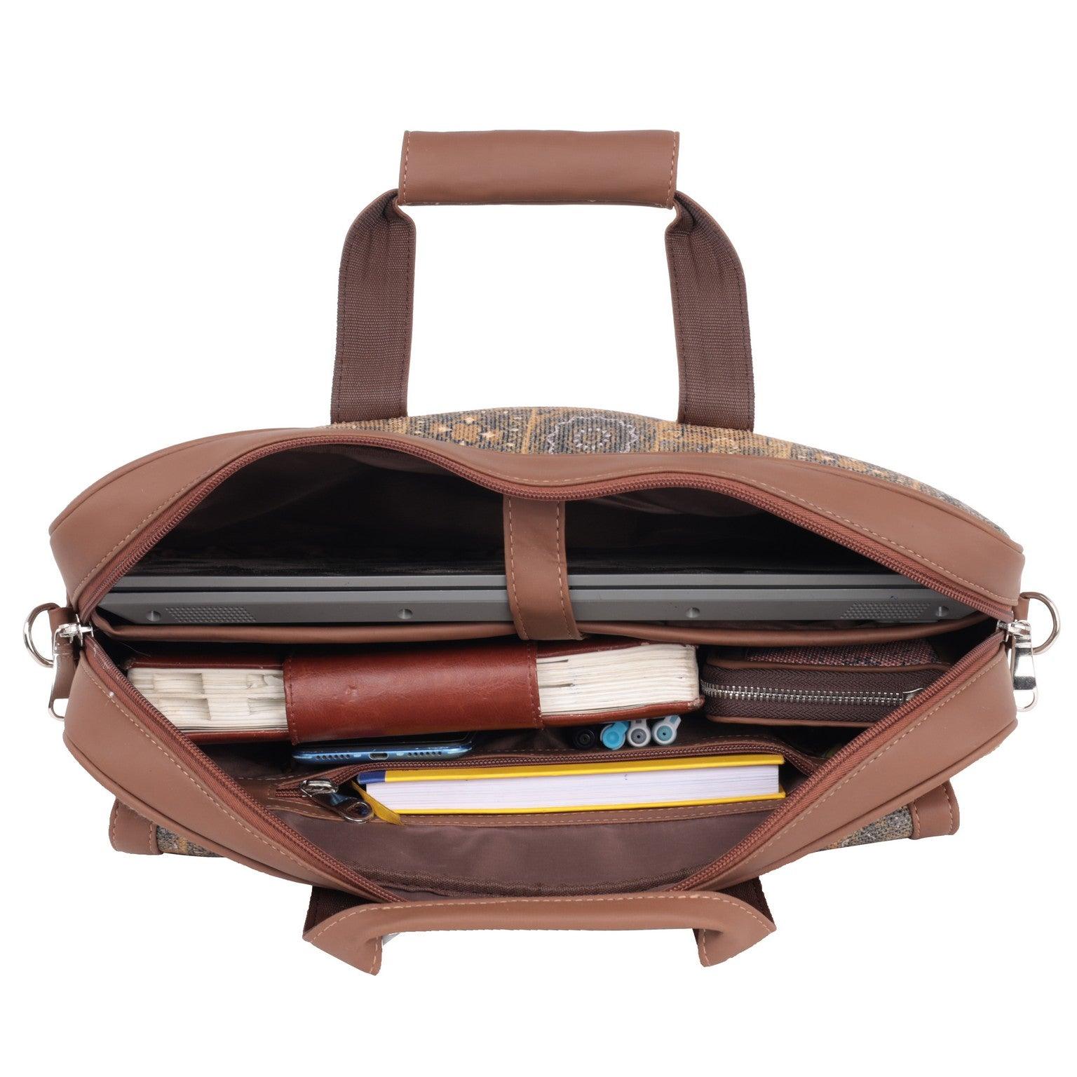 Intricately Designed Golden Laptop Bag with Vegan Leather Accents | AMIC - Amic
