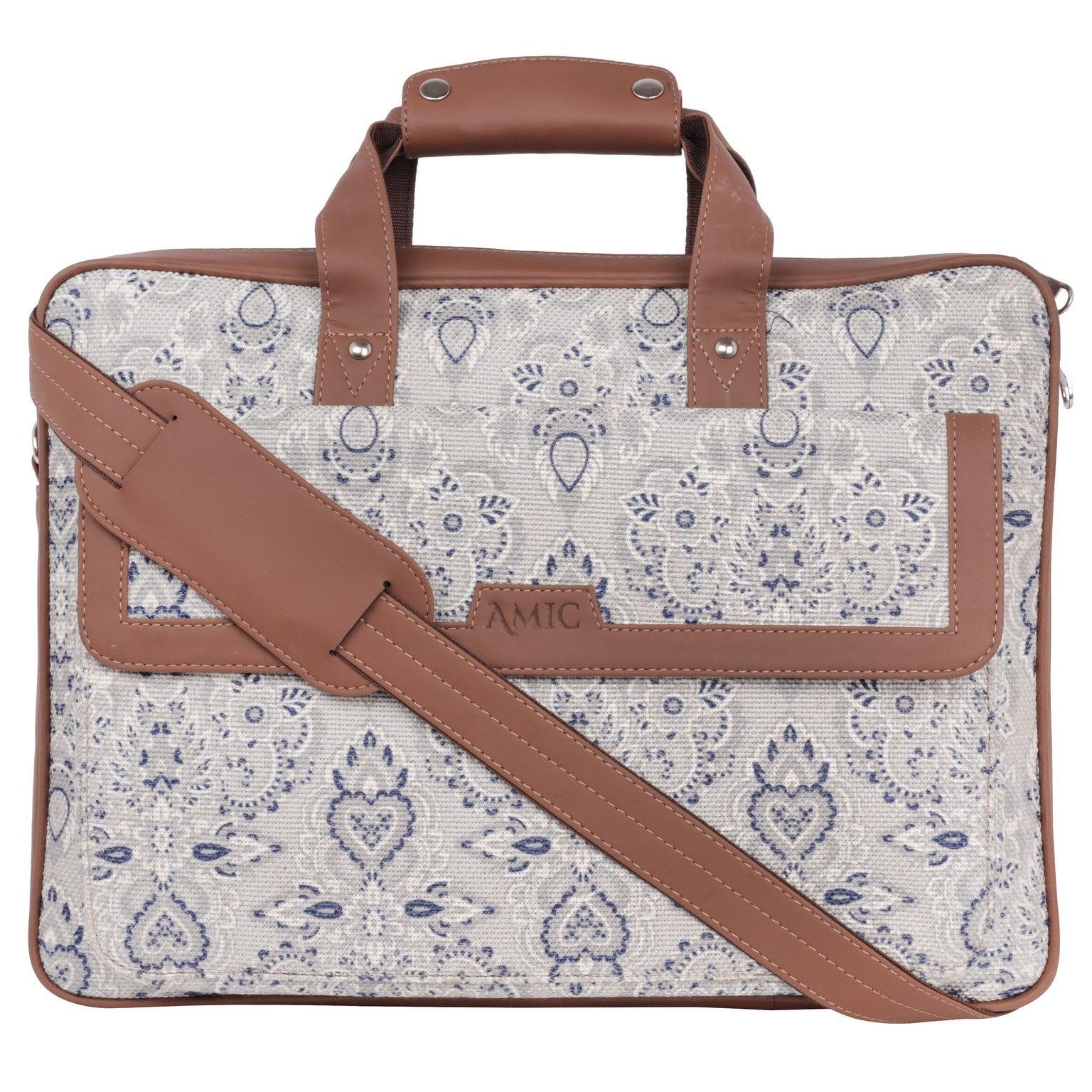 Amic Vegan Leather Laptop Bag – Timeless White & Blue Pattern - Amic