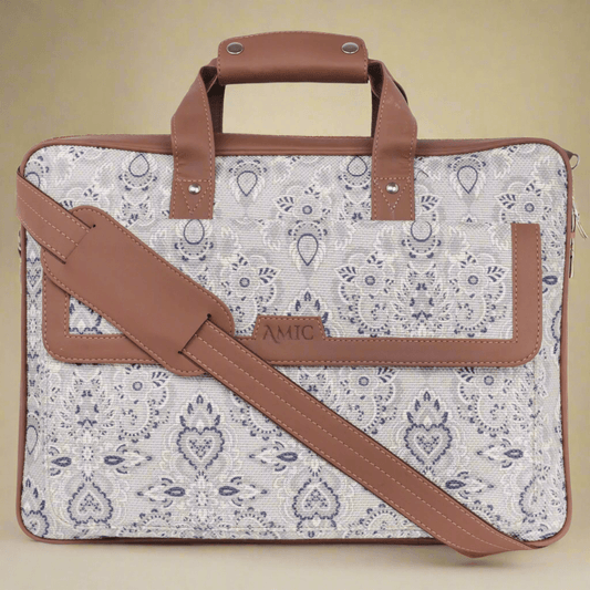 Amic Vegan Leather Laptop Bag – Timeless White & Blue Pattern - Amic