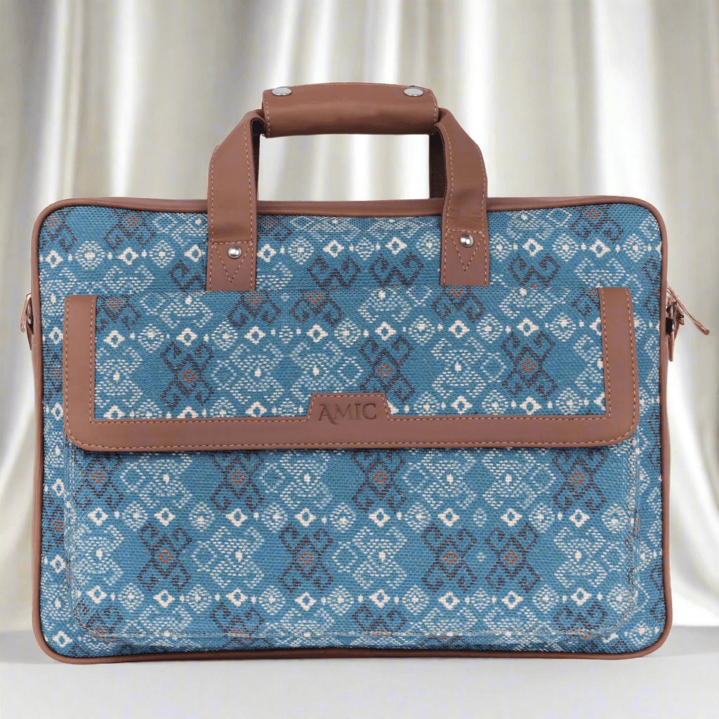 Amic Vegan Leather Laptop Bag – Elegant Blue Diamond Pattern - Amic