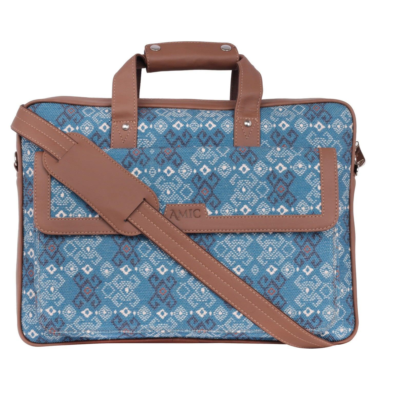 Amic Vegan Leather Laptop Bag – Elegant Blue Diamond Pattern - Amic