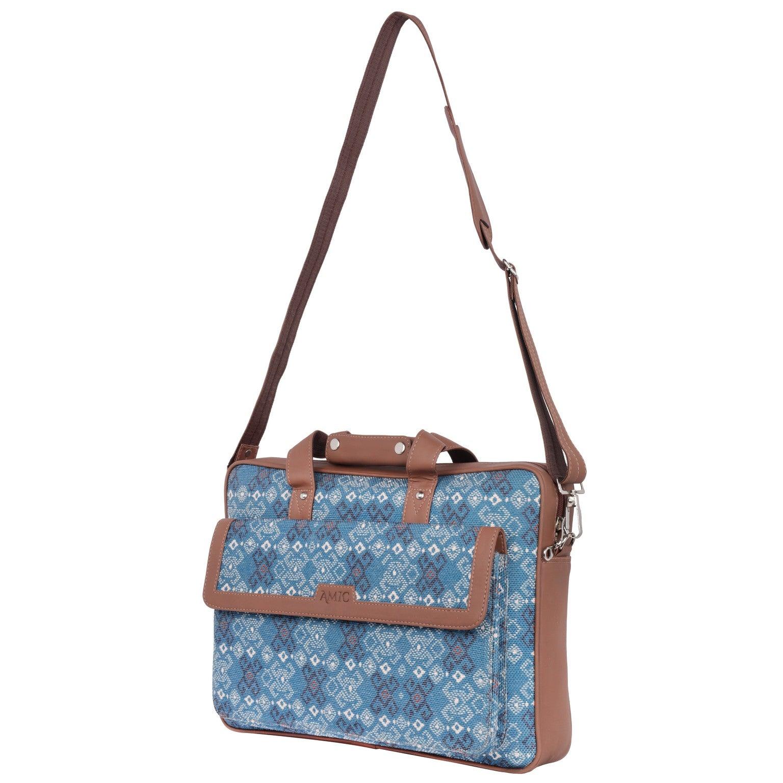 Amic Vegan Leather Laptop Bag – Elegant Blue Diamond Pattern - Amic
