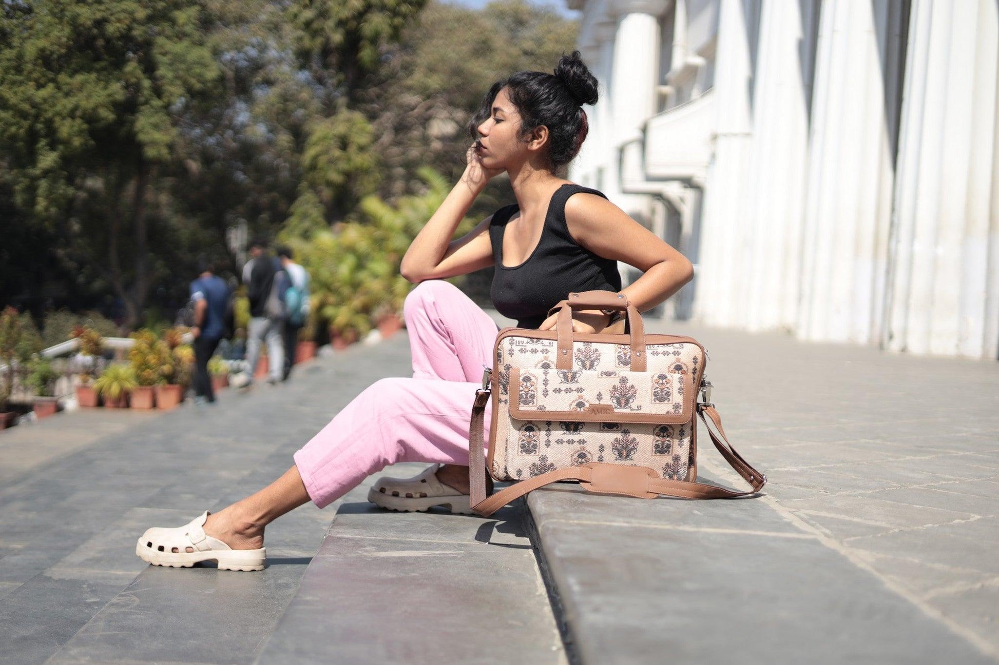 Amic Vegan Leather Laptop Bag – Regal Beige with Ornate Print - Amic