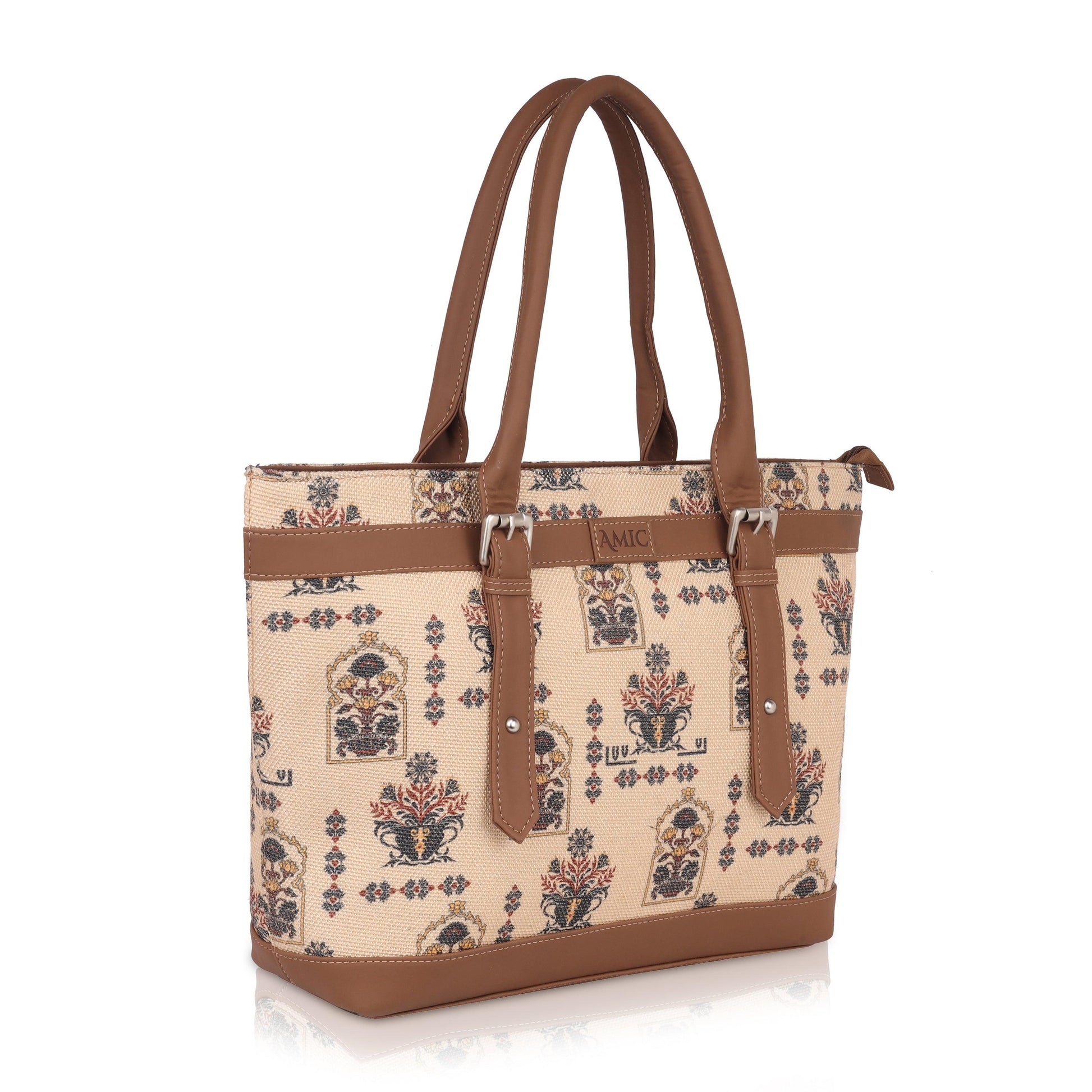 AMIC Women's Vegan Leather Jute Handcrafted Side Tote Bag and Handbag for Office and College Use - Amic