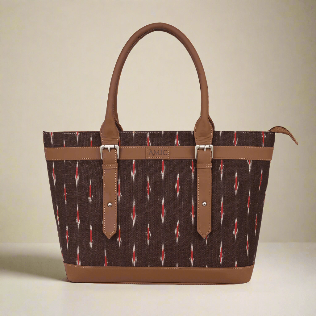 Brown Ikat Vegan Leather Tote Bag for Women - Elegant & Functional | Amic Bags - Amic