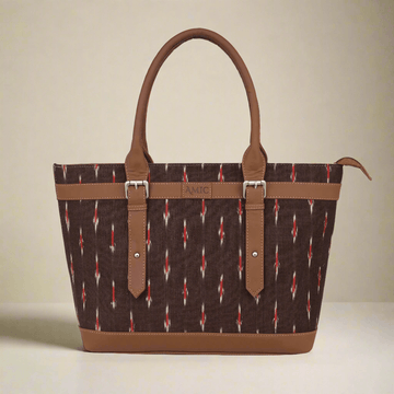 Brown Ikat Vegan Leather Tote Bag for Women - Elegant & Functional | Amic Bags - Amic