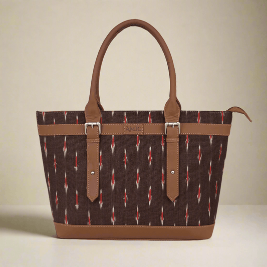 Brown Ikat Vegan Leather Tote Bag for Women - Elegant & Functional | Amic Bags - Amic