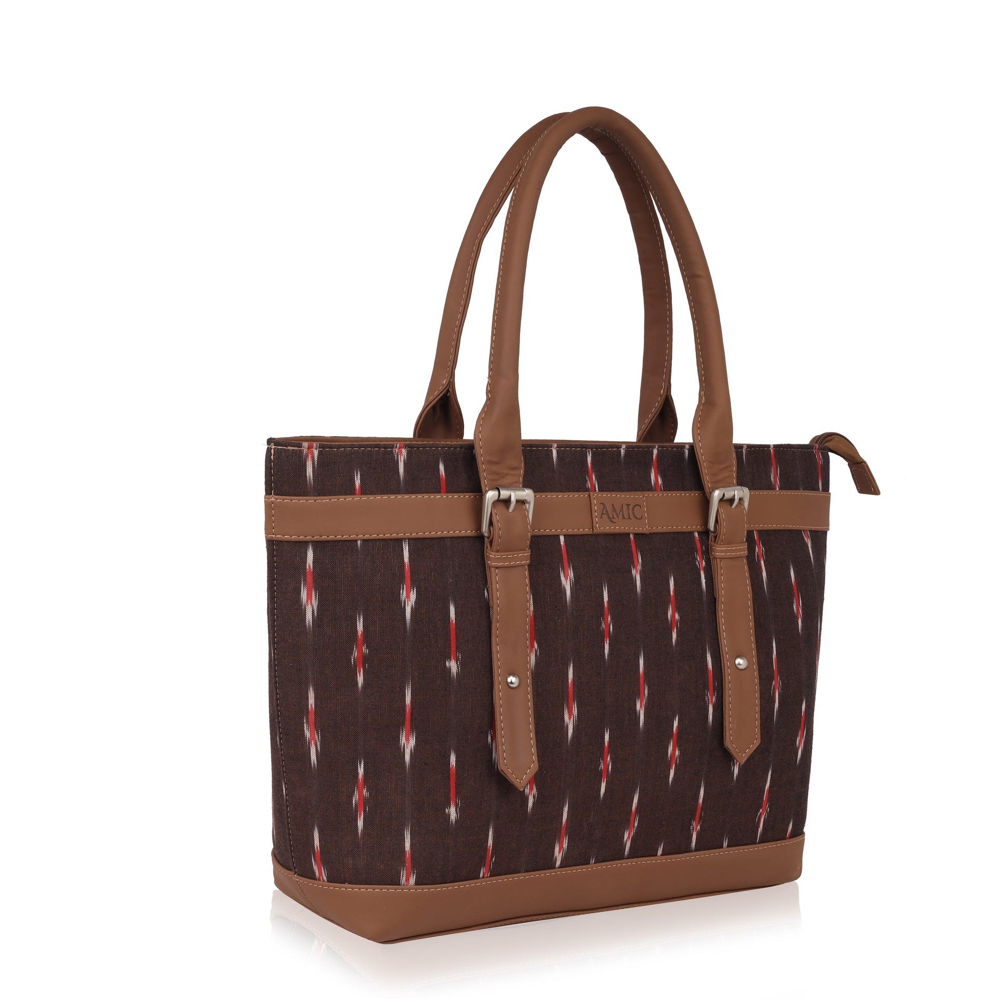 Brown Ikat Vegan Leather Tote Bag for Women - Elegant & Functional | Amic Bags - Amic