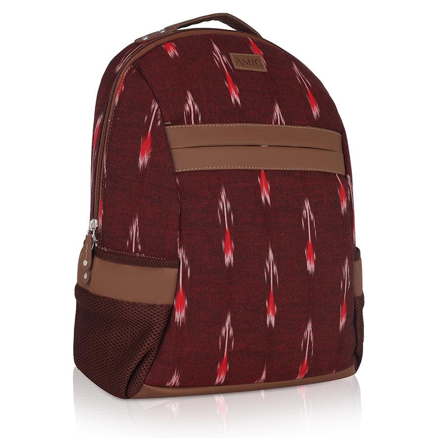 Amic Ikkat Classic Vegan Leather Laptop Backpack Jute Handcrafted Bag For Women 30 L Backpack - Amic