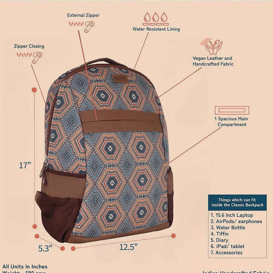 Amic Fabric Print Luxury Vegan Leather Laptop Backpack Jute Handcrafted Bag For Women 30 L Backpack - Amic