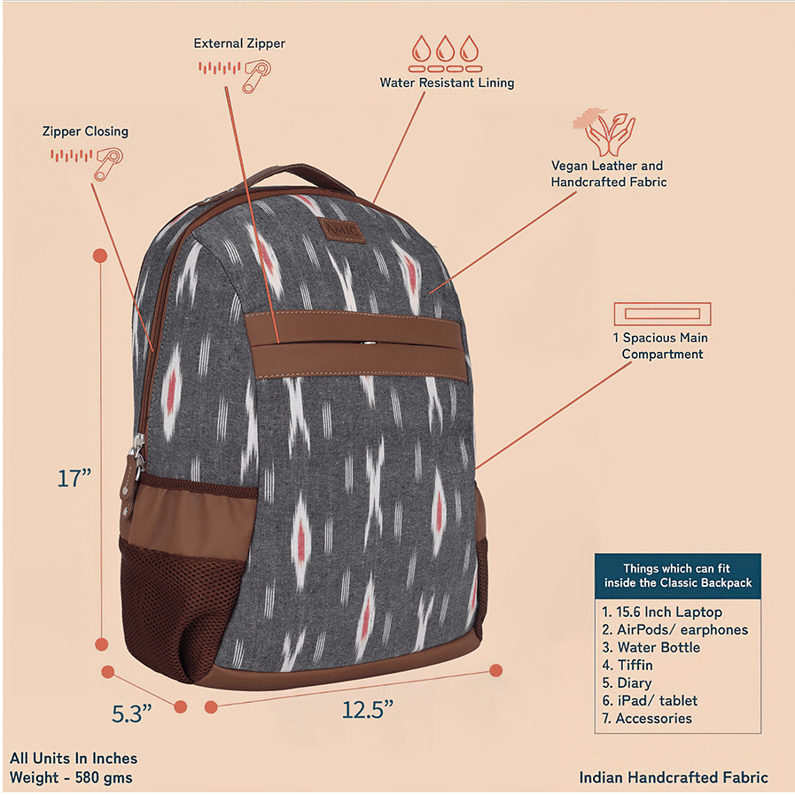 Amic Ikkat Luxury Vegan Leather Laptop Backpack Jute Handcrafted Bag For Women 30 L Backpack - Amic
