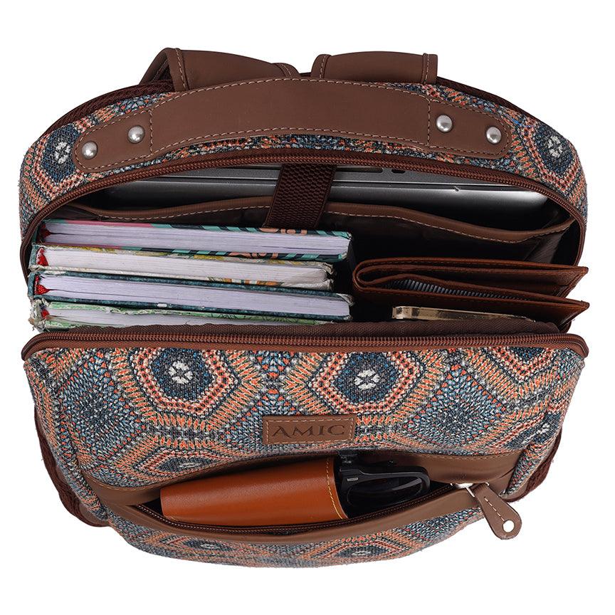 Amic Fabric Print Luxury Vegan Leather Laptop Backpack Jute Handcrafted Bag For Women 30 L Backpack - Amic