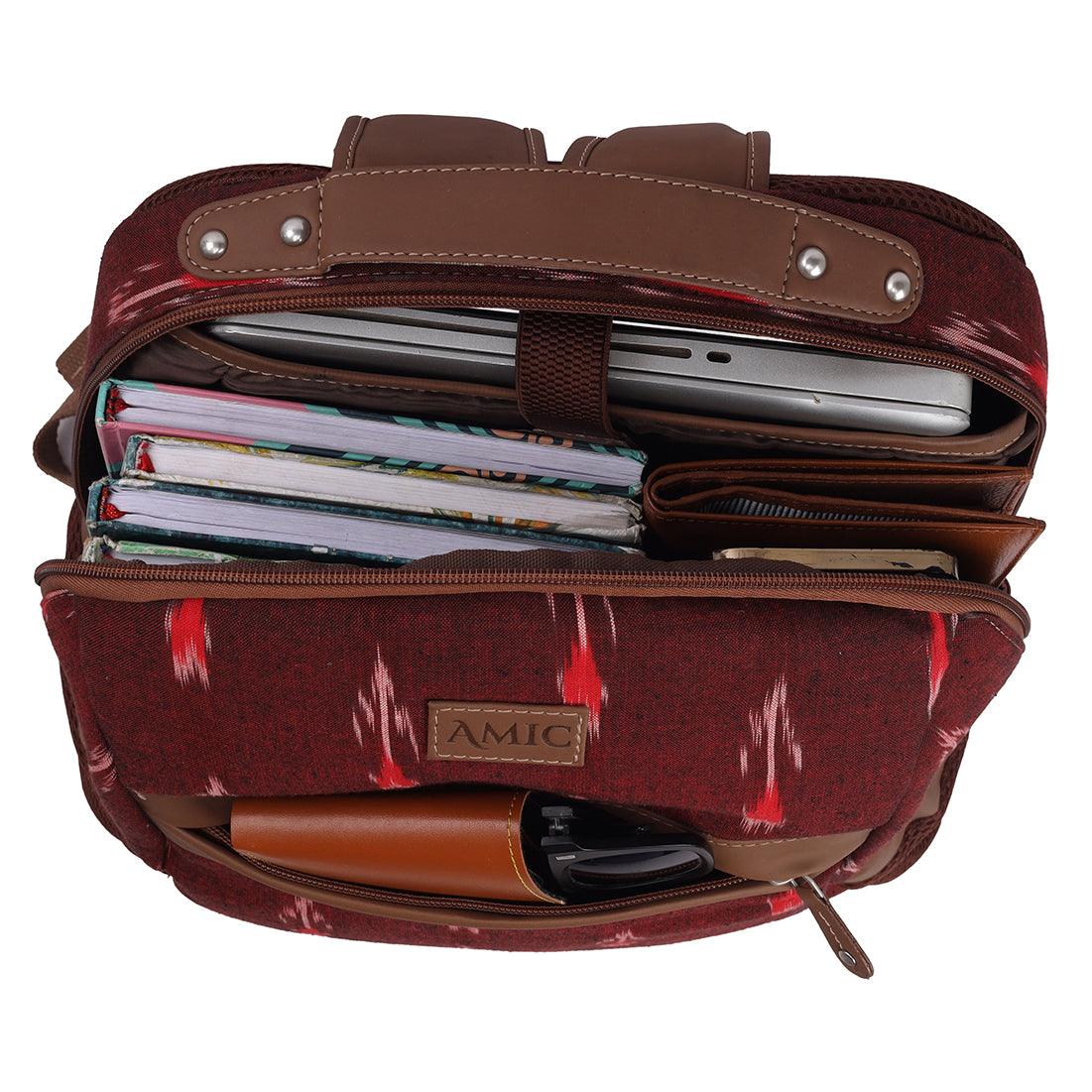 Amic Ikkat Classic Vegan Leather Laptop Backpack Jute Handcrafted Bag For Women 30 L Backpack - Amic