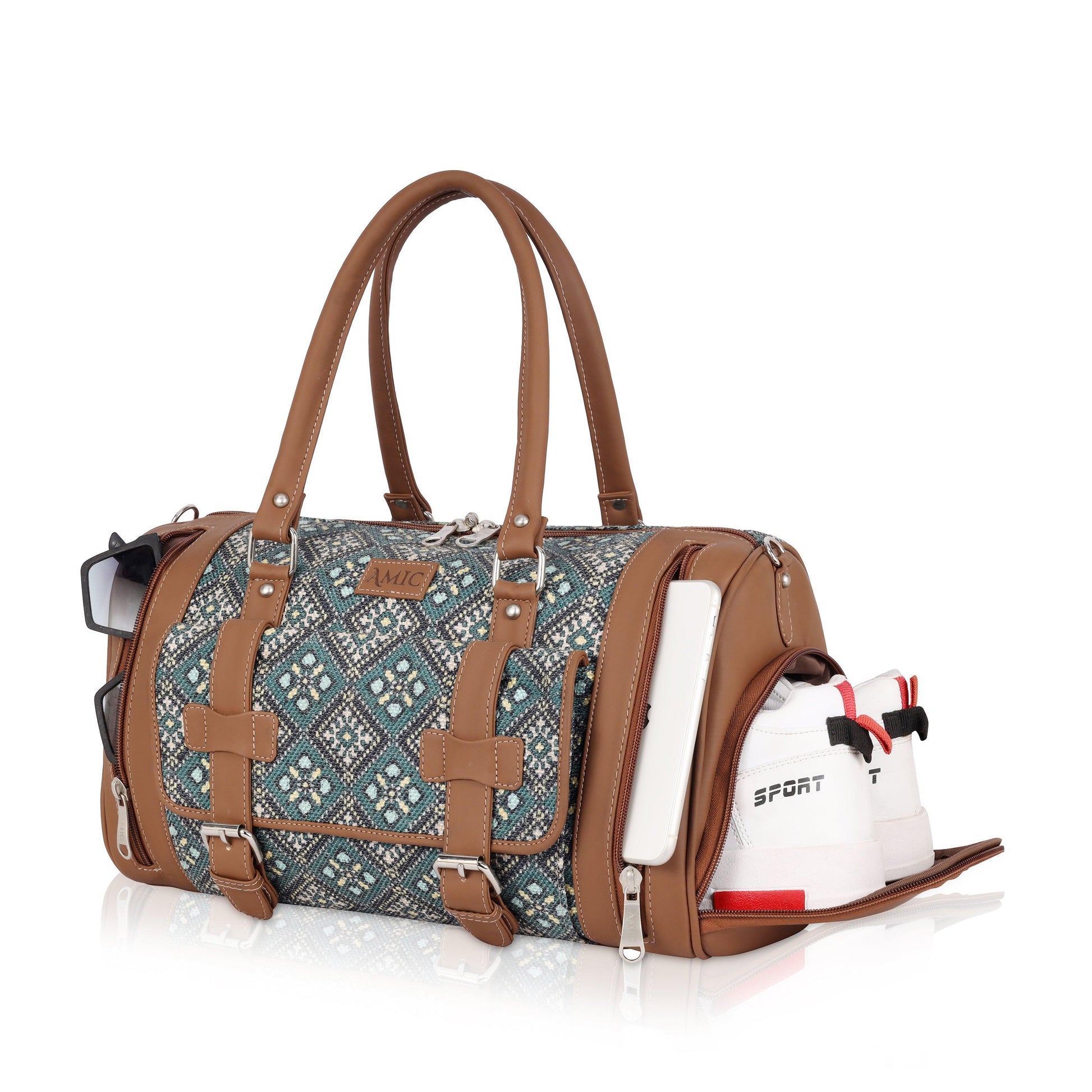 Amic Jute Printed Handcrafted Travel Bag, Luggage Shoulder Bag Duffel Without Wheels - Amic