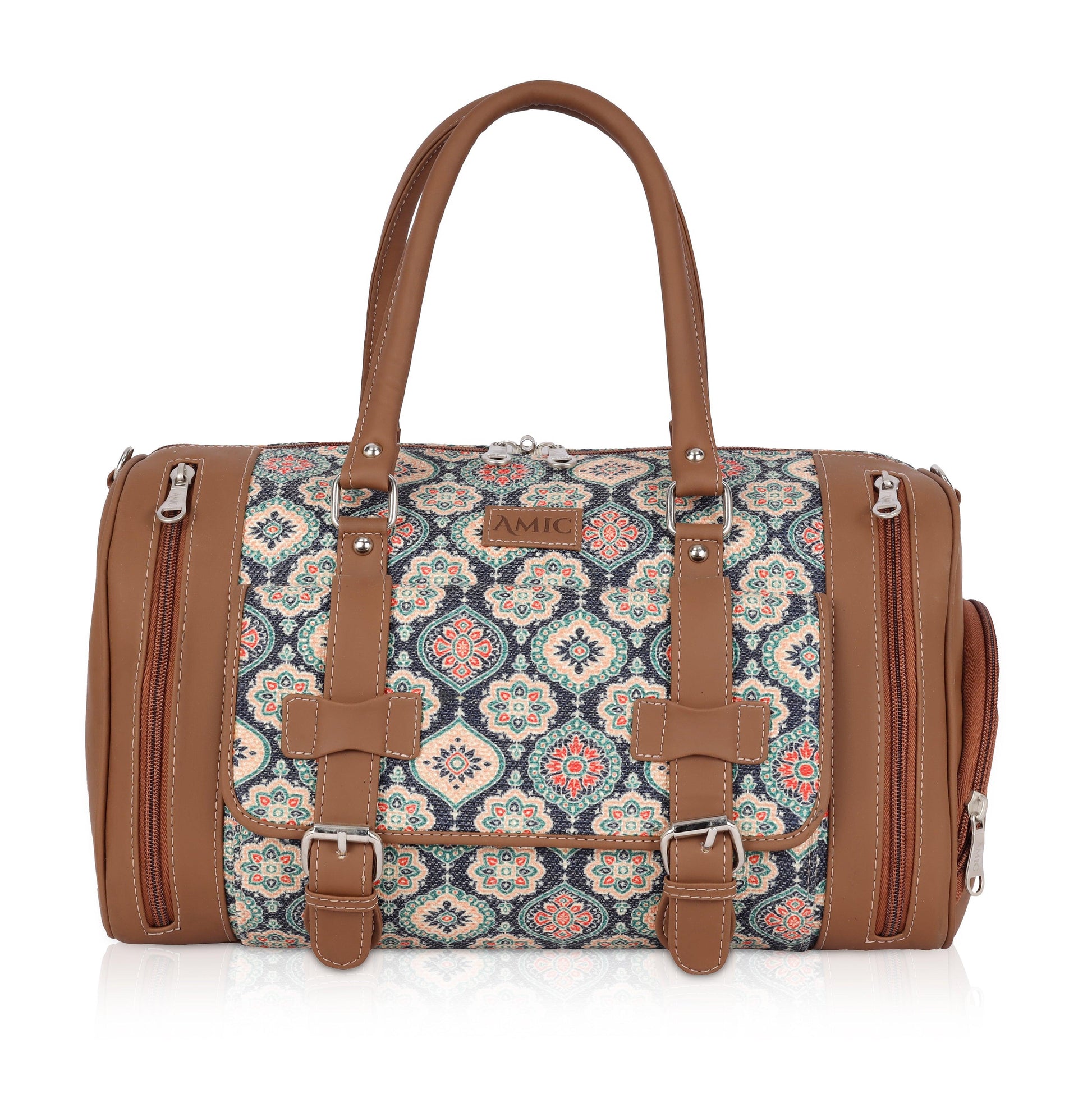 Amic Floral Blue Duffle Bag – Vibrant Vegan Leather Travel Companion - Amic