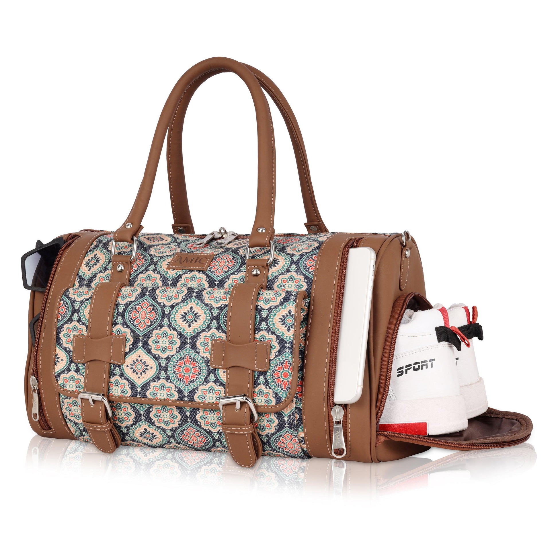 Amic Floral Blue Duffle Bag – Vibrant Vegan Leather Travel Companion - Amic