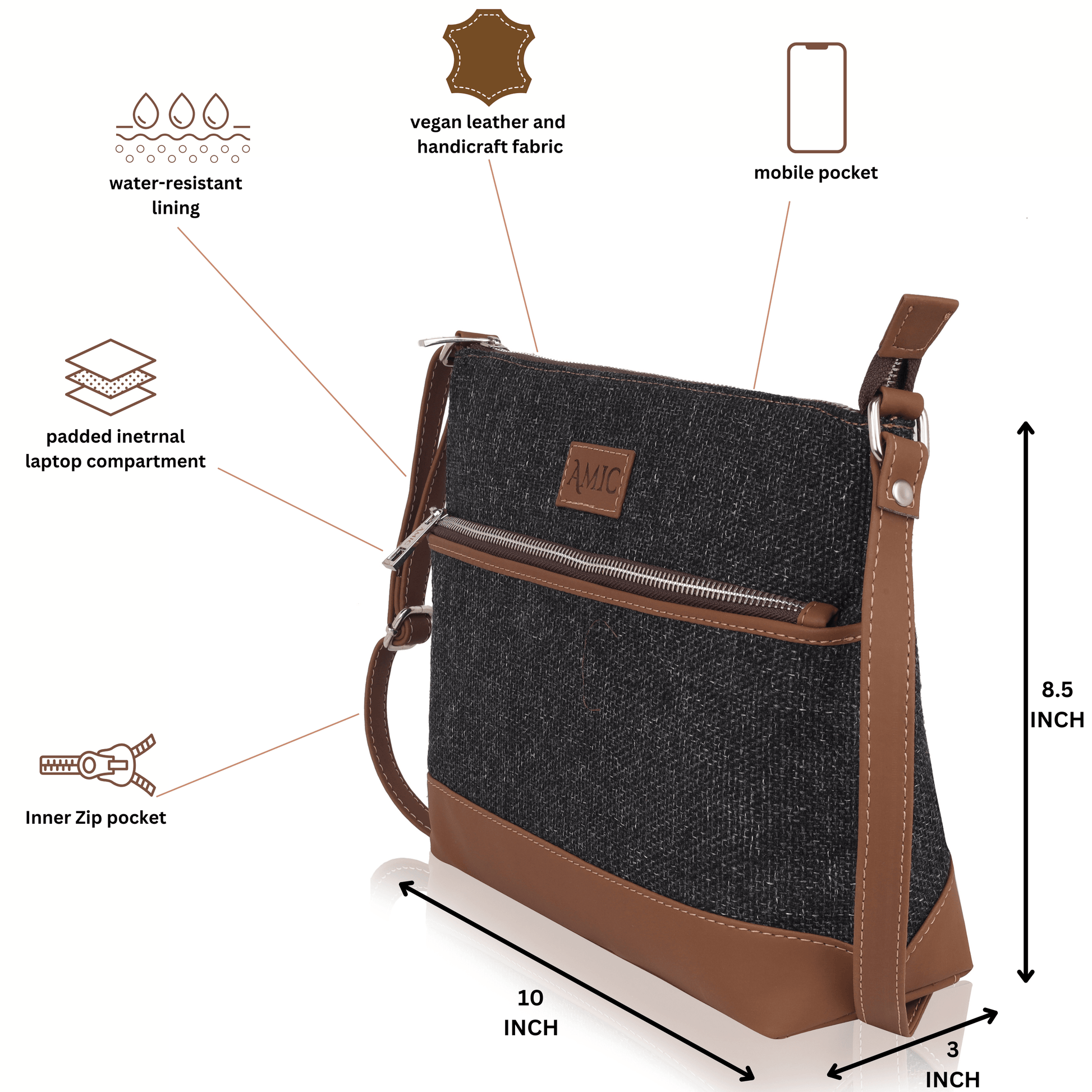 Amic Charcoal Textured Side Shoulder Bag - Amic