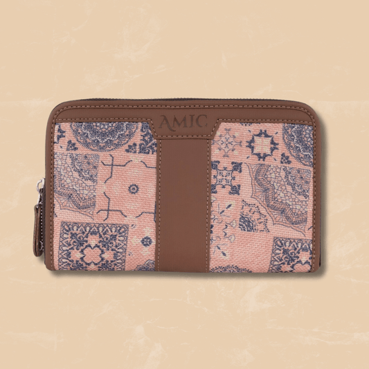 Amic Vegan Leather Chain Wallet with Intricate Pink and Blue Patterns – Functional Elegance - Amic