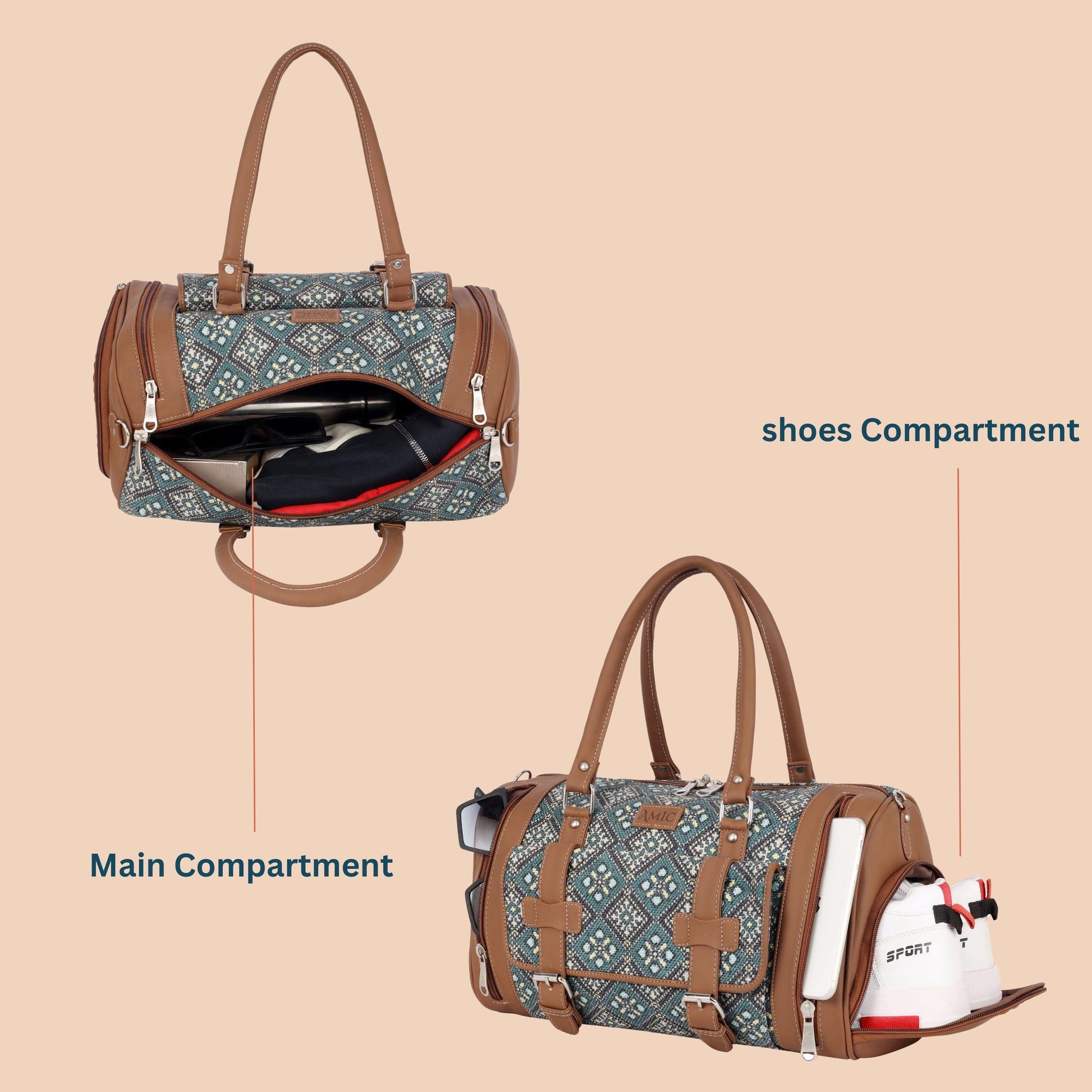 Amic Jute Printed Handcrafted Travel Bag, Luggage Shoulder Bag Duffel Without Wheels - Amic