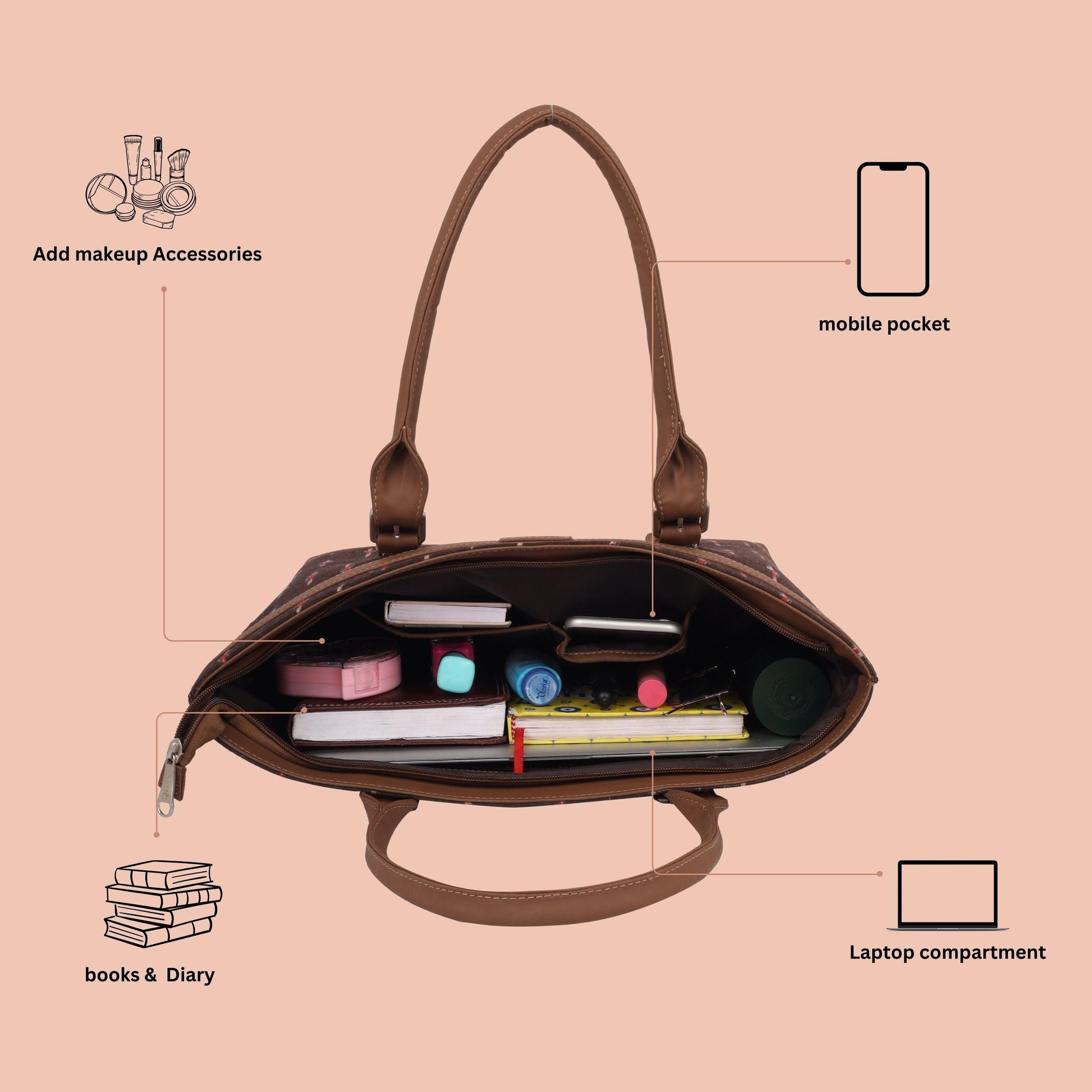 Brown Ikat Vegan Leather Tote Bag for Women - Elegant & Functional | Amic Bags - Amic