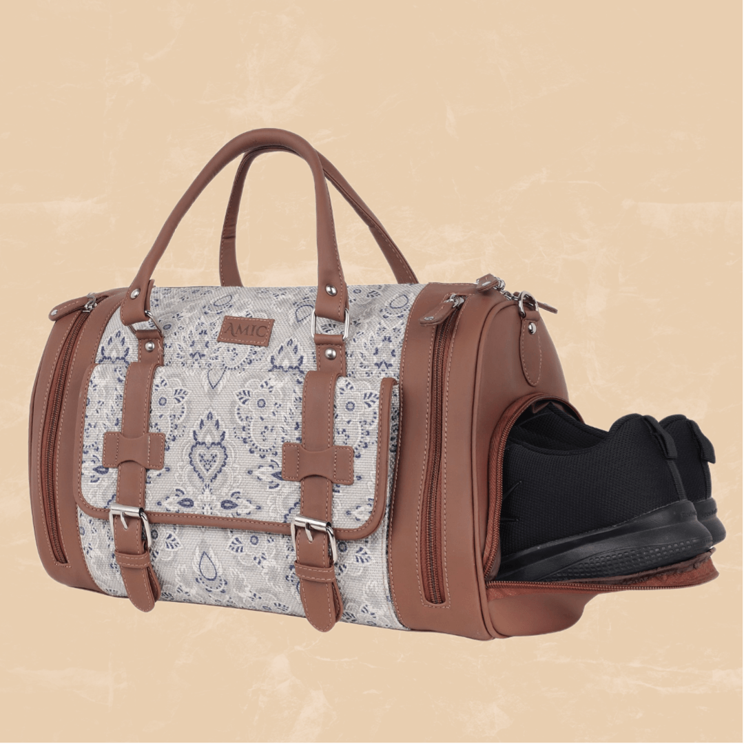 Amic Jute Printed Handcrafted Travel Bag, Luggage Shoulder Bag Duffel Without Wheels - Amic