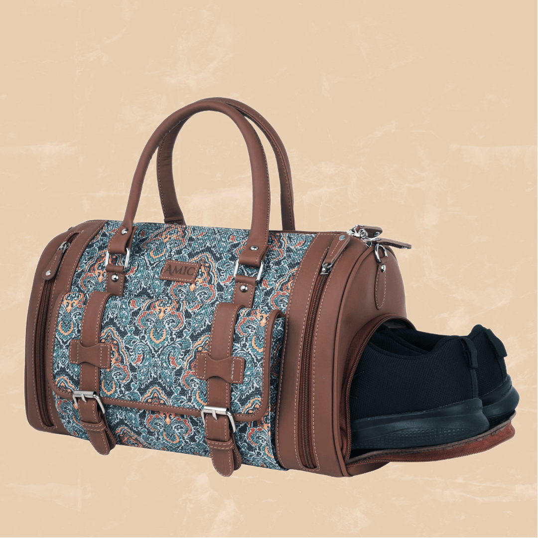 Amic Jute Printed Handcrafted Travel Bag, Luggage Shoulder Bag Duffel Without Wheels - Amic