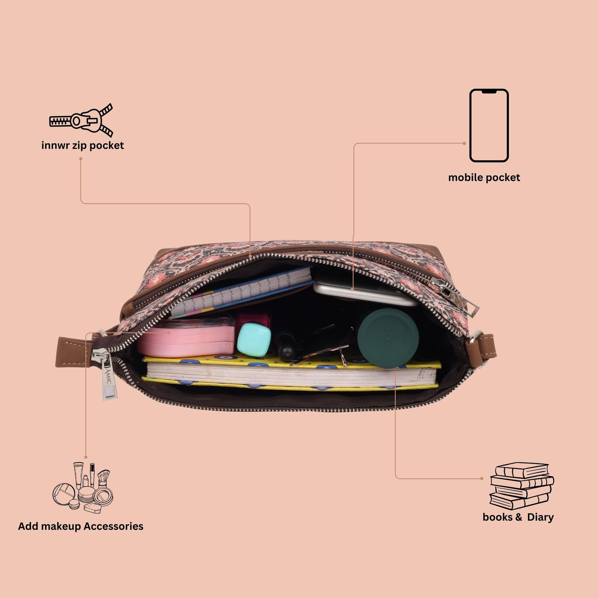 Trendy Pink Side Shoulder Bag with Floral Accents | AMIC - Amic