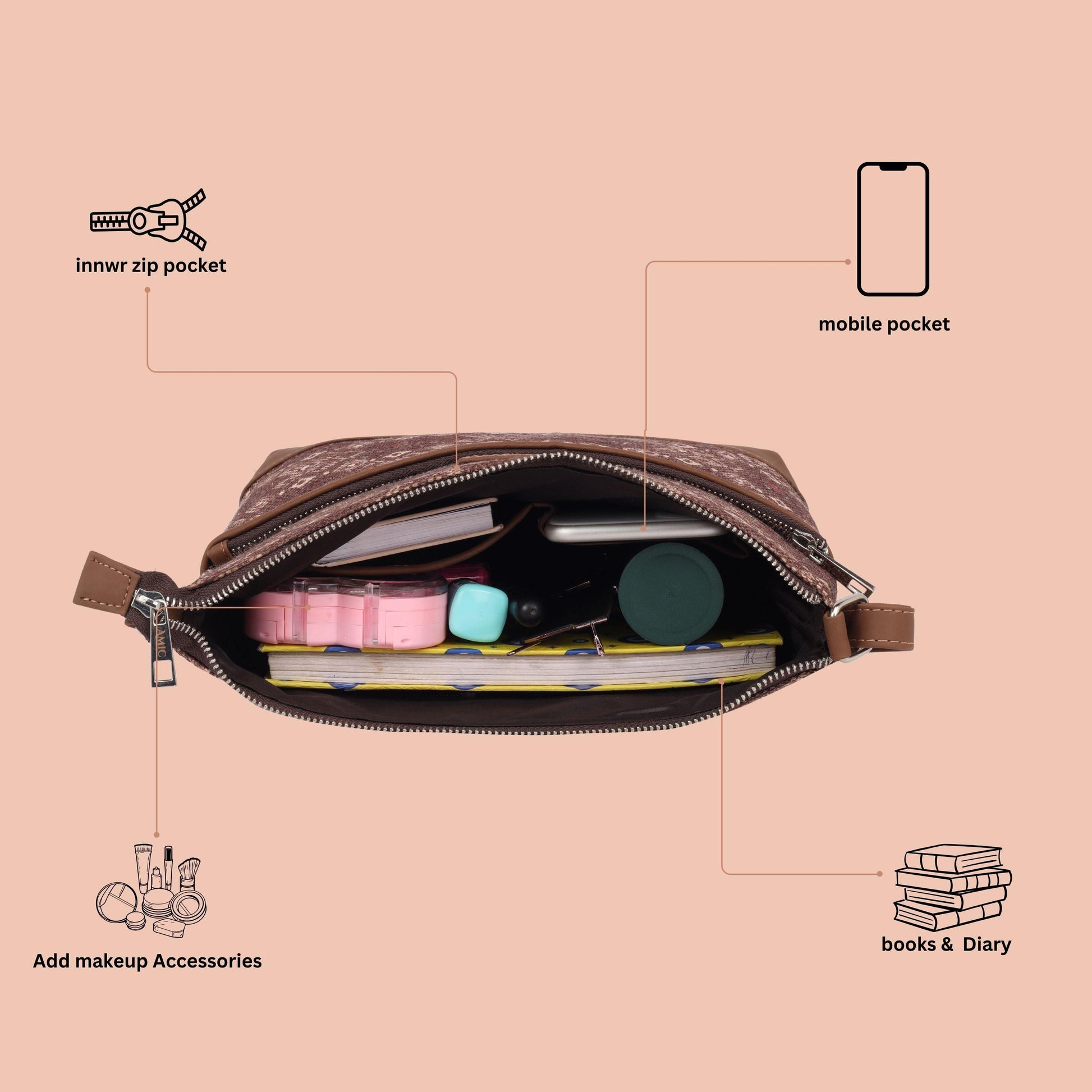 Elegant Brown Printed Side Shoulder Bag | AMIC - Amic