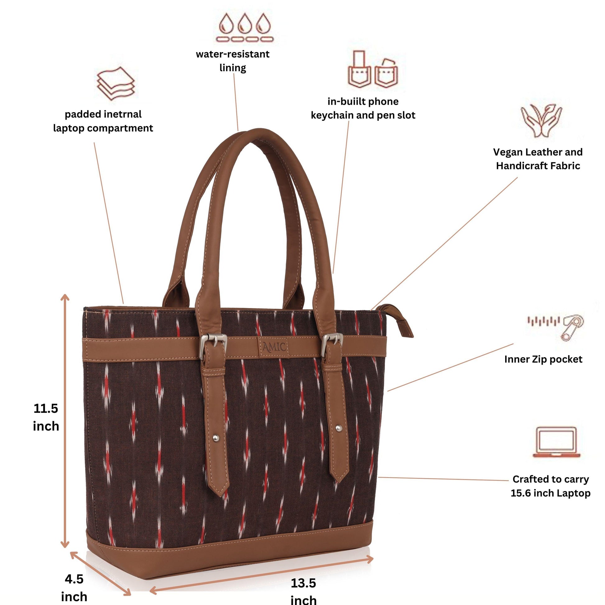 Brown Ikat Vegan Leather Tote Bag for Women - Elegant & Functional | Amic Bags - Amic