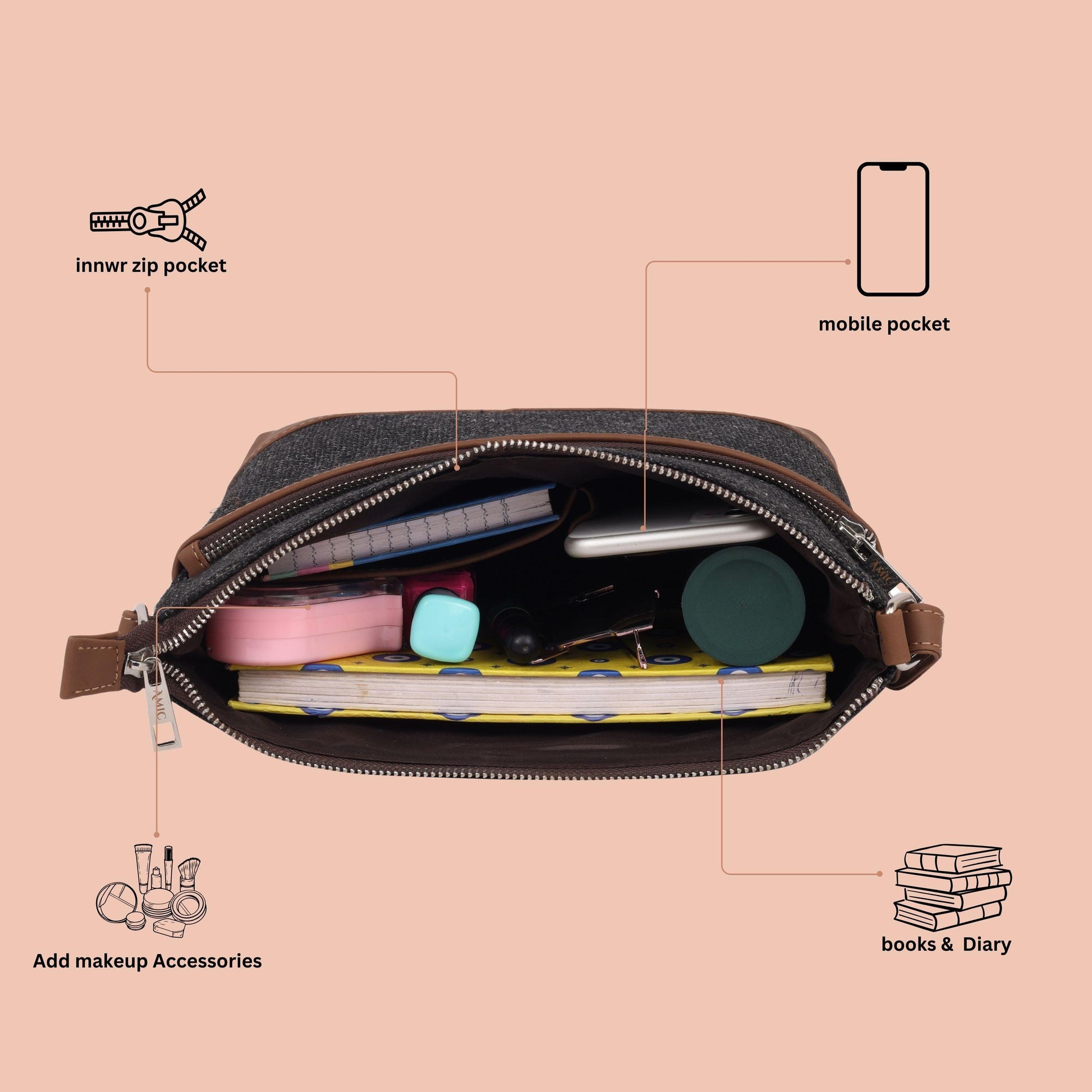 Amic Charcoal Textured Side Shoulder Bag - Amic