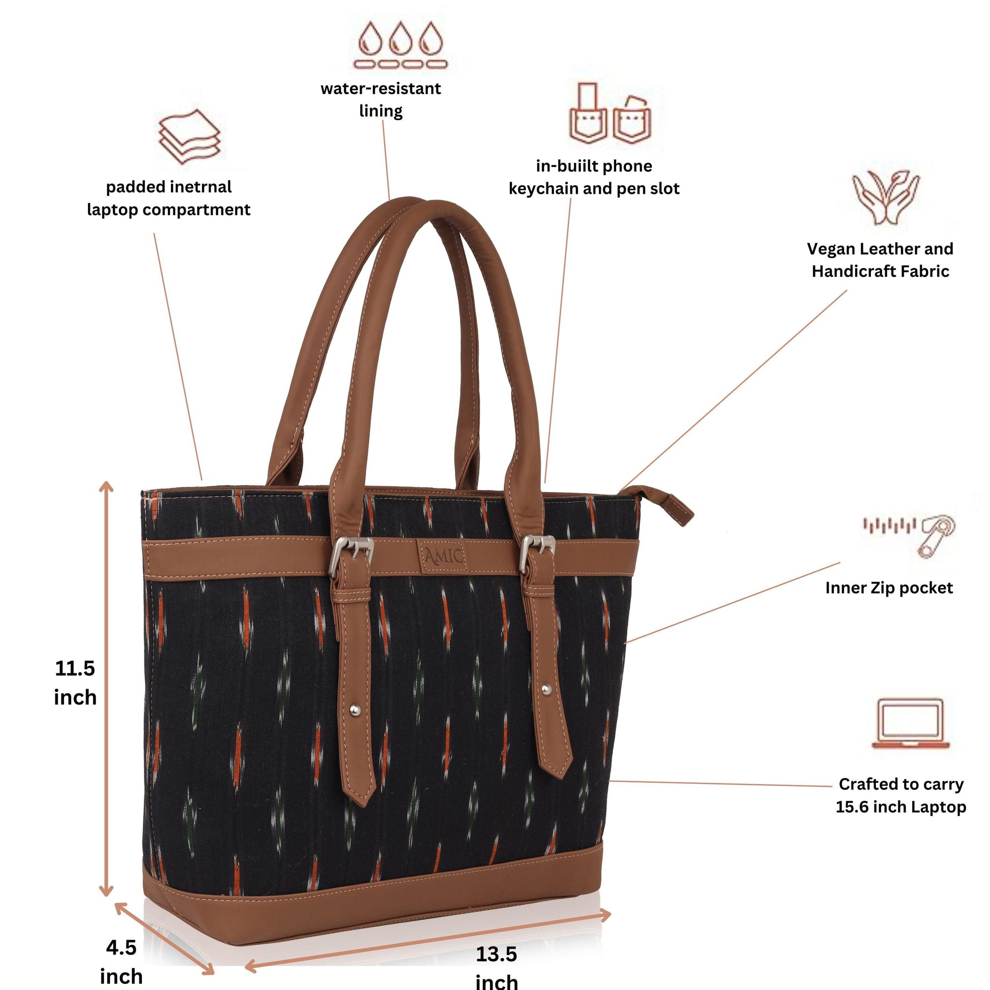 Classic Ikat Vegan Leather Tote Bag for Women - Stylish & Functional | Amic Bags - Amic