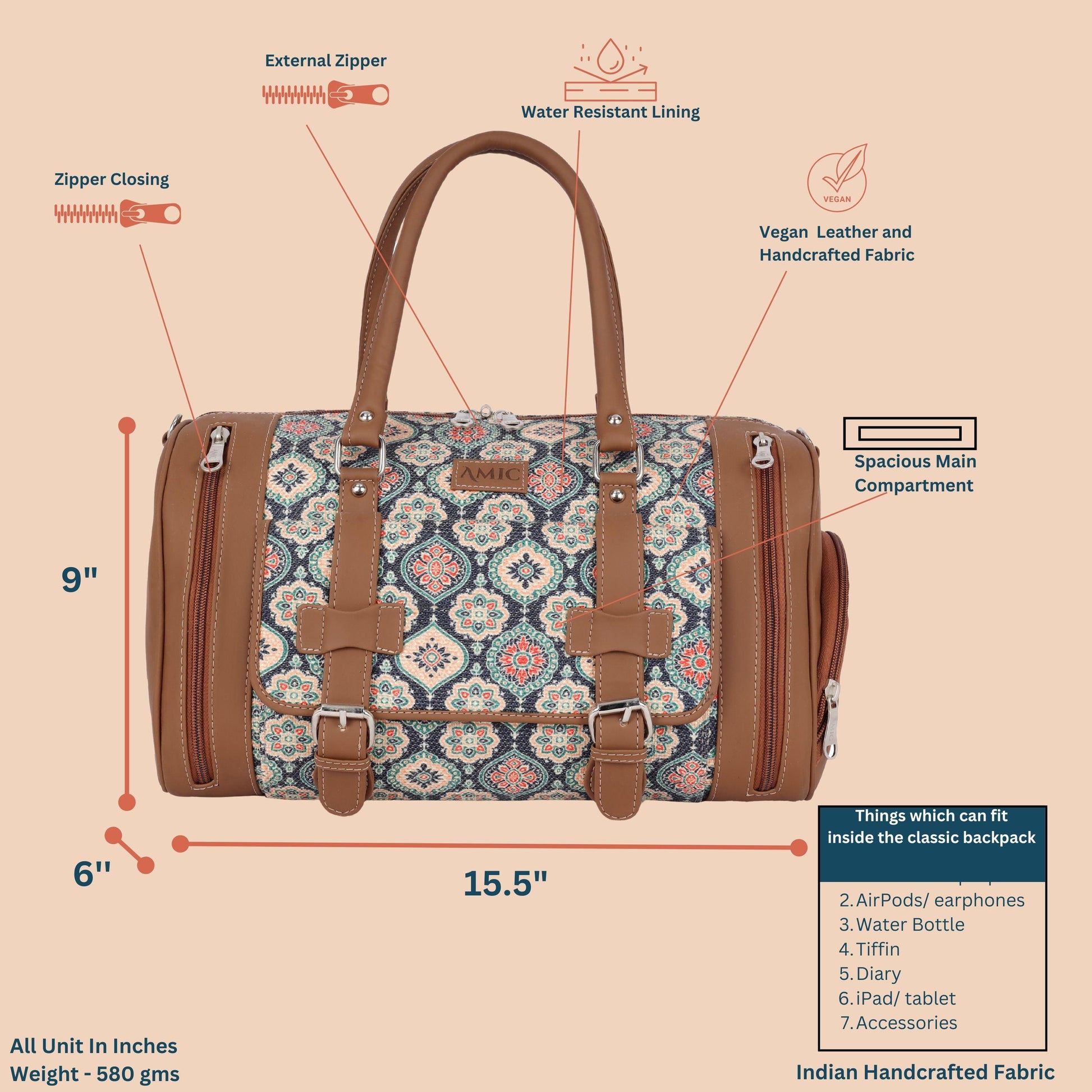 Amic Floral Blue Duffle Bag – Vibrant Vegan Leather Travel Companion - Amic